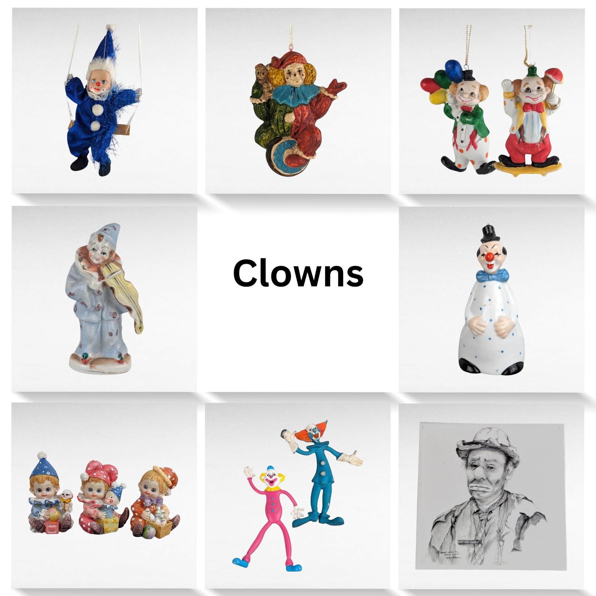 Vintage Clown Collection, Ceramic, Plastic, Resin Clown Figurines, Ornaments, Bells, Japan Clown Vase, Bendable Clowns, Clown Tile