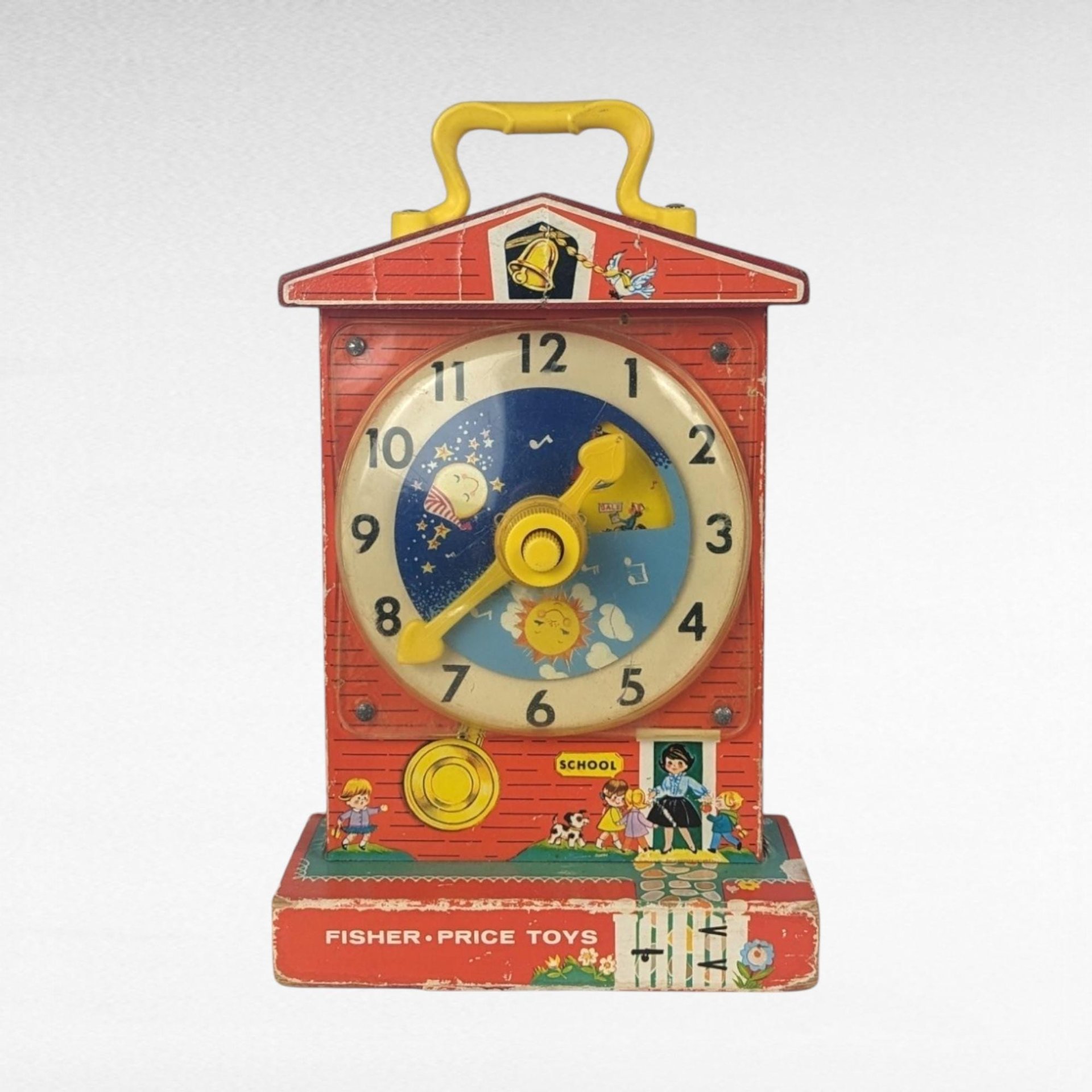 Vintage Fisher Price Toy Lot: Music Box Clock, Suzy Seal Pull Toy, Cloth Book, Xylophone Drum - Retro Toys, Collectible Toys
