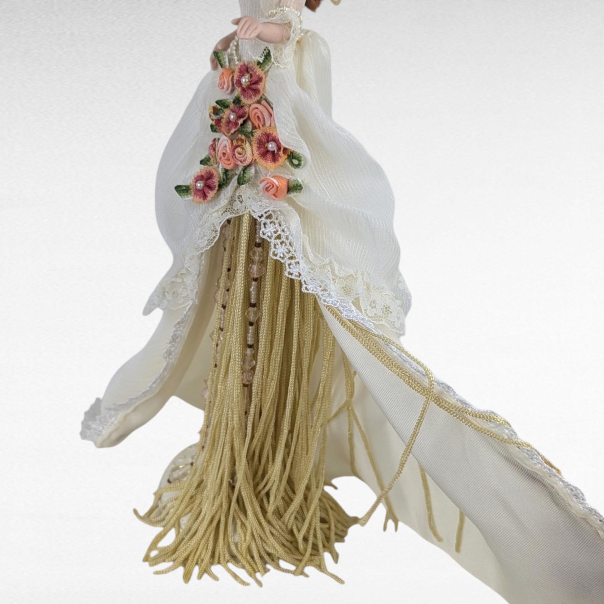 Vintage Porcelain Victorian Tassel Doll, White Dress, Roses, Umbrella, Dresser Doll, Hat, Display Doll, Gift for Doll Collector