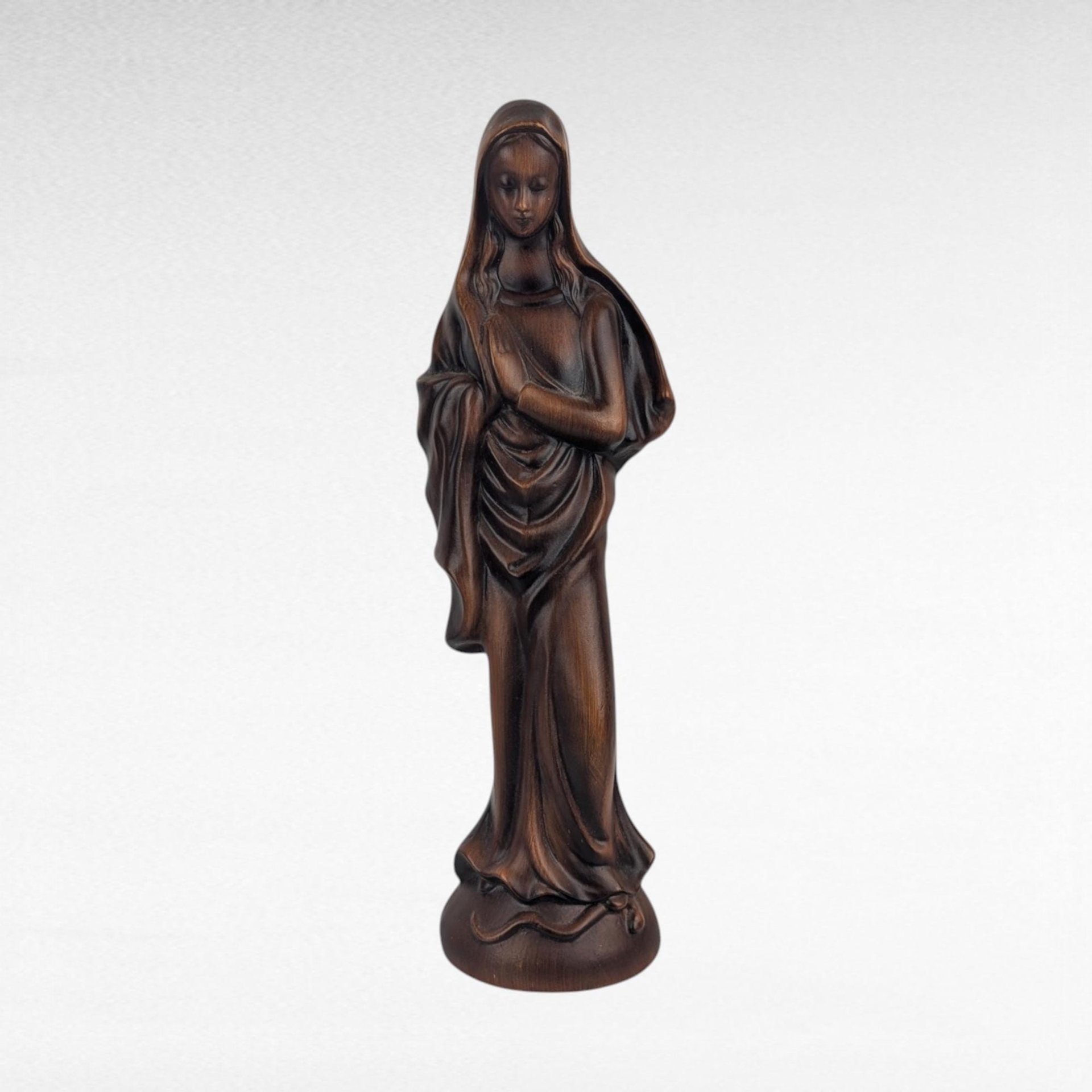 Vintage Madonna Figure, Wood Look Resin Sculpture, 13", Made in Japan, Religious Decor, Gift for Devotee