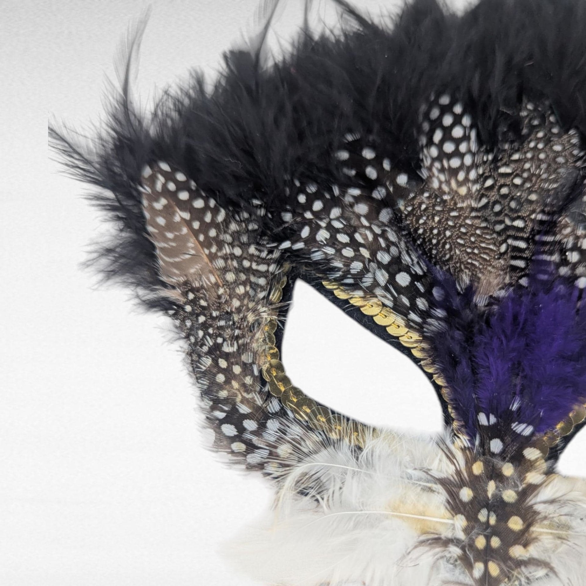 Vintage Applause Feather Half Mask, Black with Purple and Gold Trim, Costume Accessory, Masquerade Ball, Unique Decor