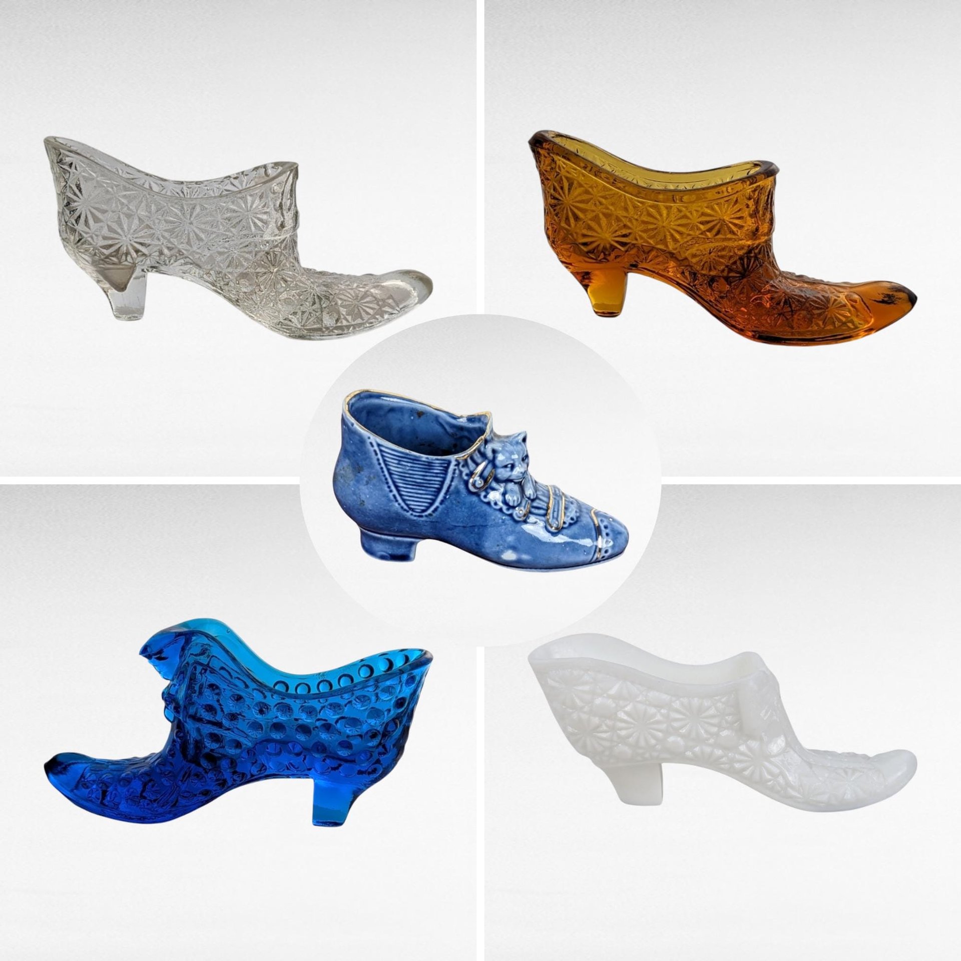 Vintage Shoe Figurine Lot, Glass Slippers, Fenton Cat Shoe, Daisy Button Shoe, Blue Ceramic Shoe, Collectible Shoes, Gift for Collector