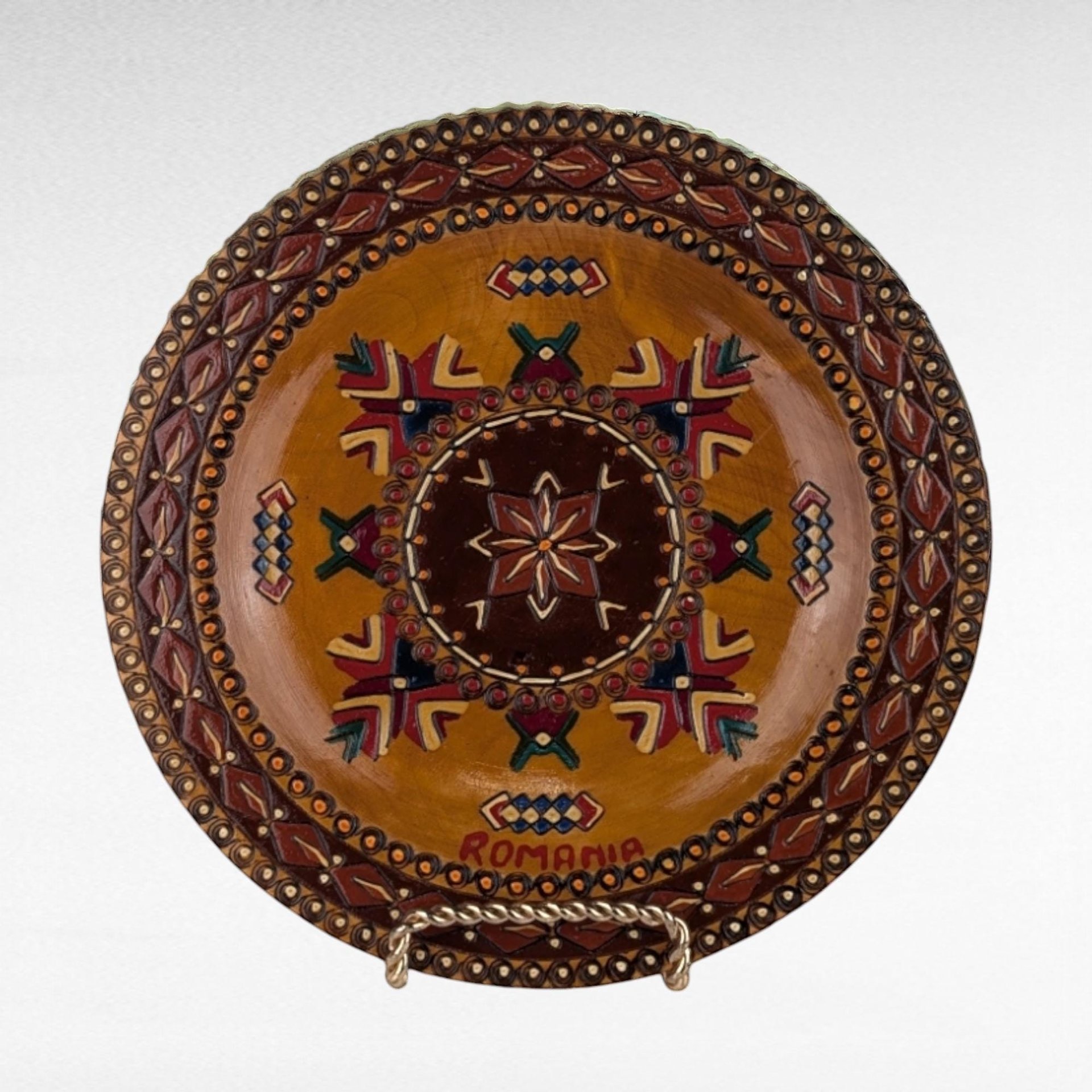 Vintage Romanian Handpainted Wooden Plate, Folk Art Wall Decor, Romanian Plate, Ethnic Decor, Gift for Collector, 8.25 Inches