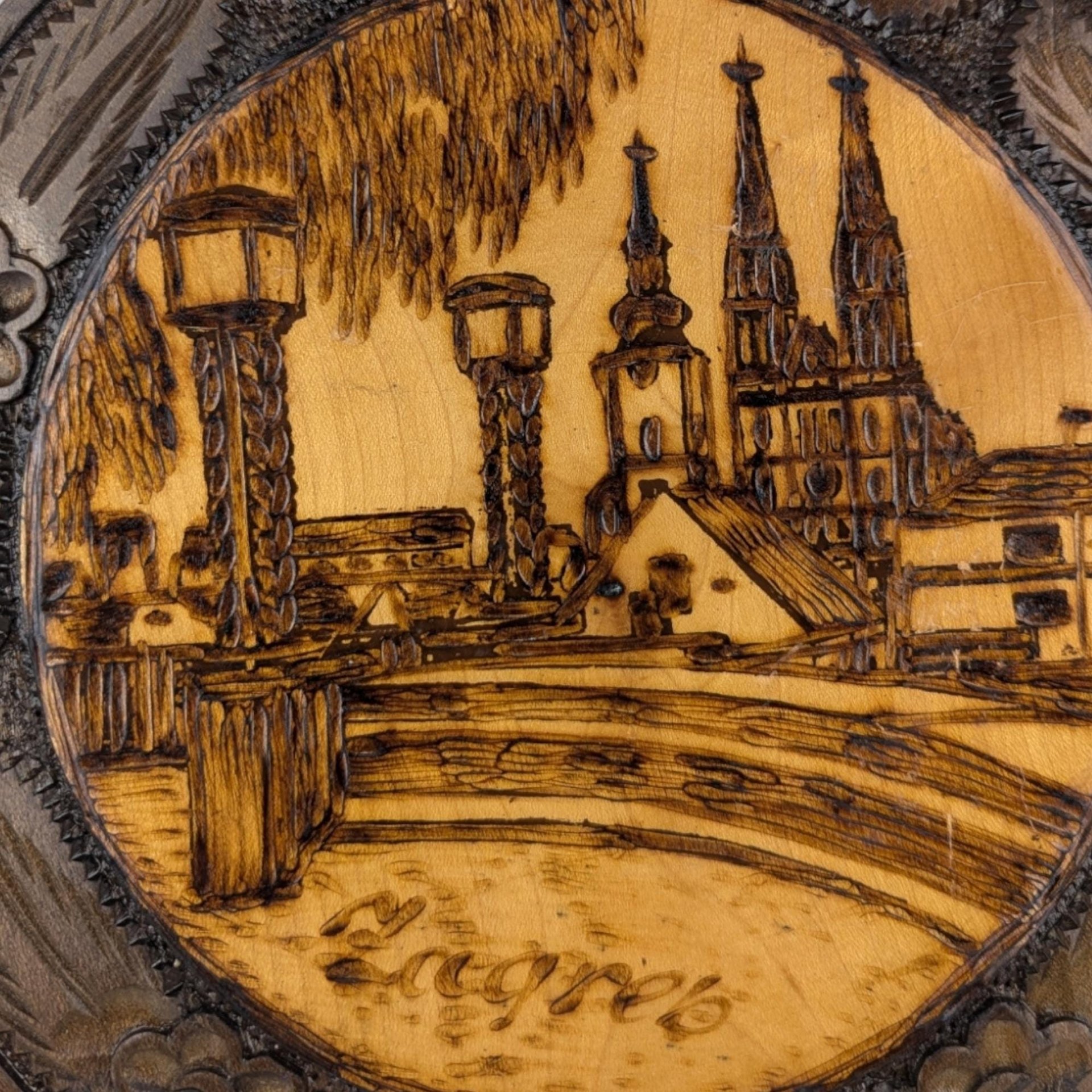 Vintage Carved Wood Burned Romanian Plate, Zagreb Cityscape Wall Decor, Romanian Folk Art, Gift for Collector, Ethnic Decor, 10.25 Inches