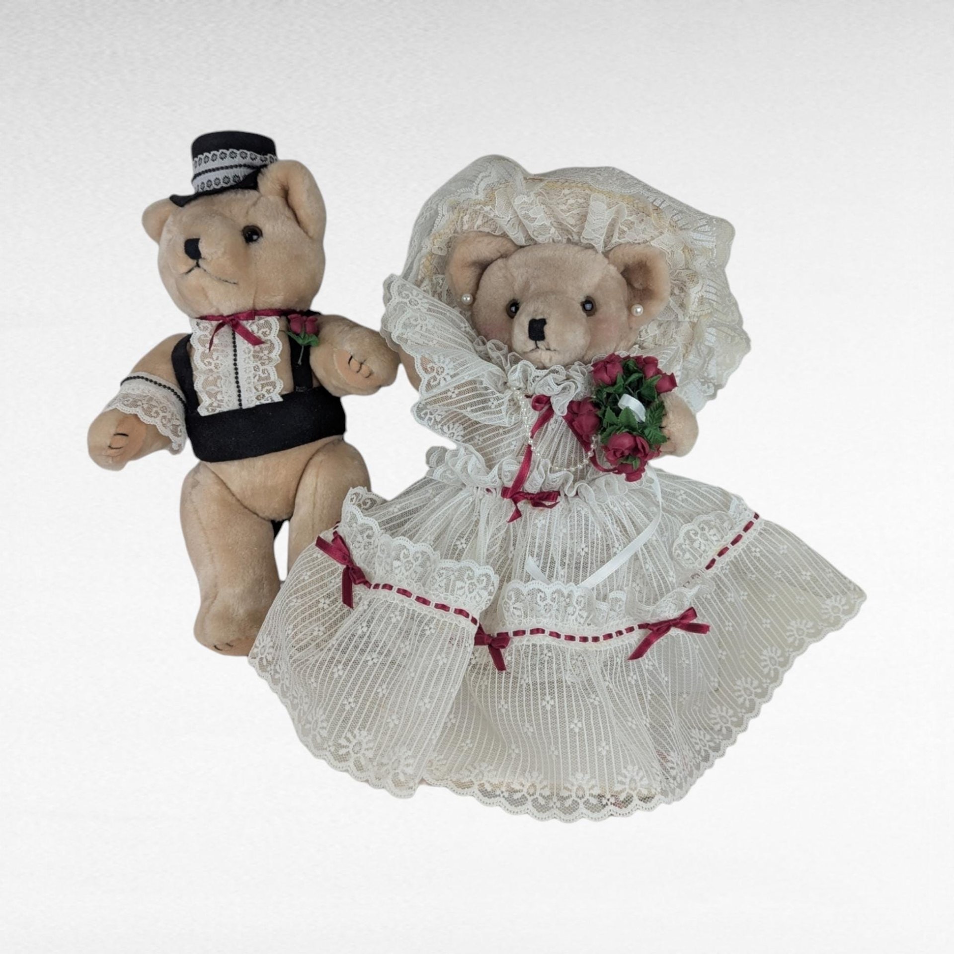 Vintage Plush Posable Bride & Groom Teddy Bears, Wedding Bears, Collectible Plush Toys, Vintage Wedding Decor, Gift for Couple