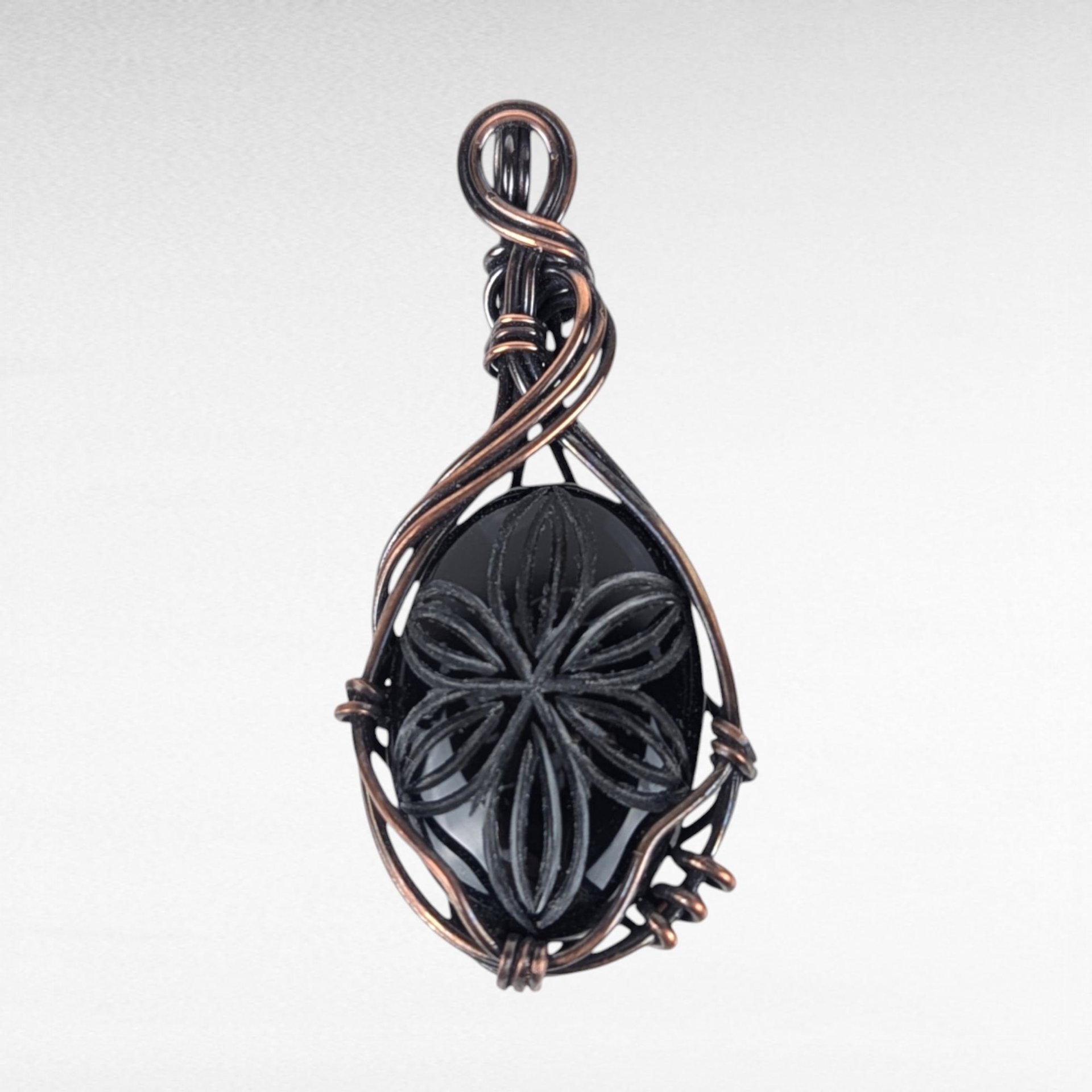 Handcrafted Black Onyx Pendant | Copper Wire Wrapped | Carved Flower Design | 2.25" | Unique Gift