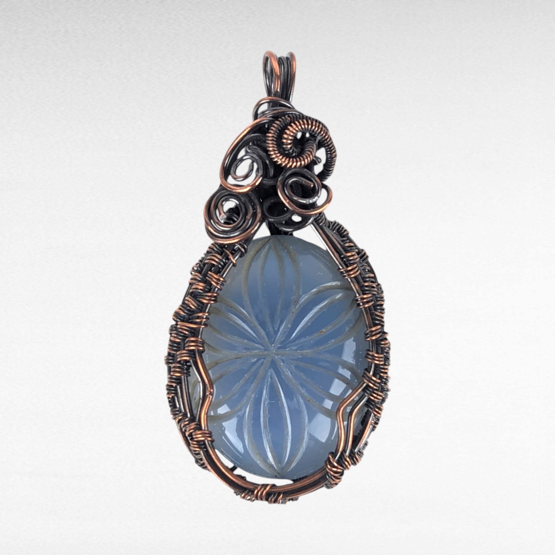 Copper Wire Wrapped Hand Carved Blue Onyx Pendant | Unique Artisan Jewelry | Natural Stone Necklace | Bohemian Style Gift for Her