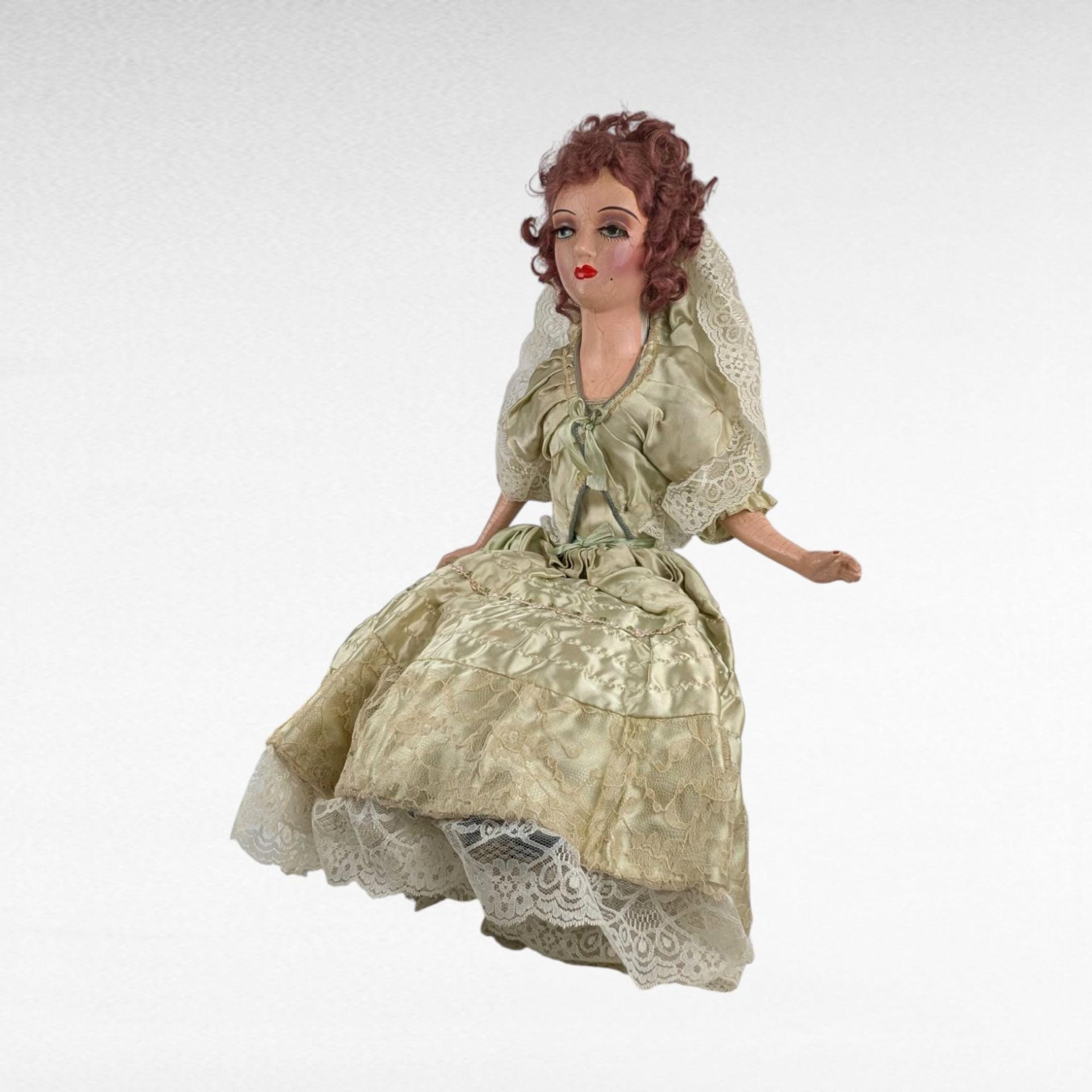 Antique Bed Doll - 27" Boudoir Doll in Light Green Dress - Vintage Doll with Character - Shabby Chic Decor -  Collector's Item