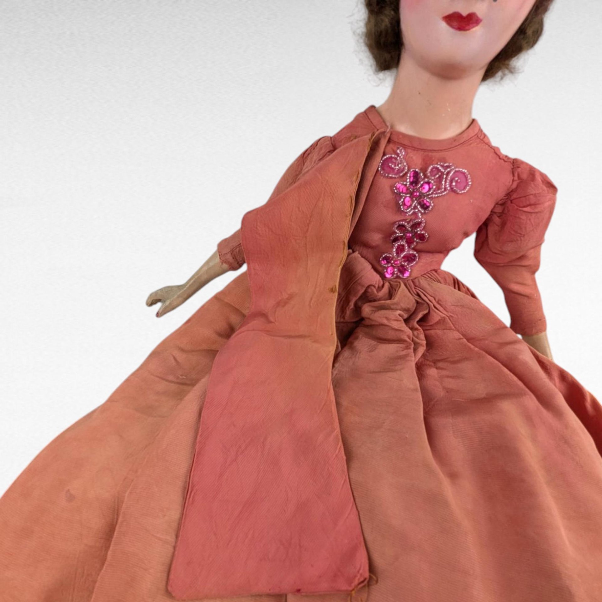 Antique Boudoir Bed Doll - 30" Tall with Orange Dress - Doll with Character - Shabby Chic Decor - Collector's Item