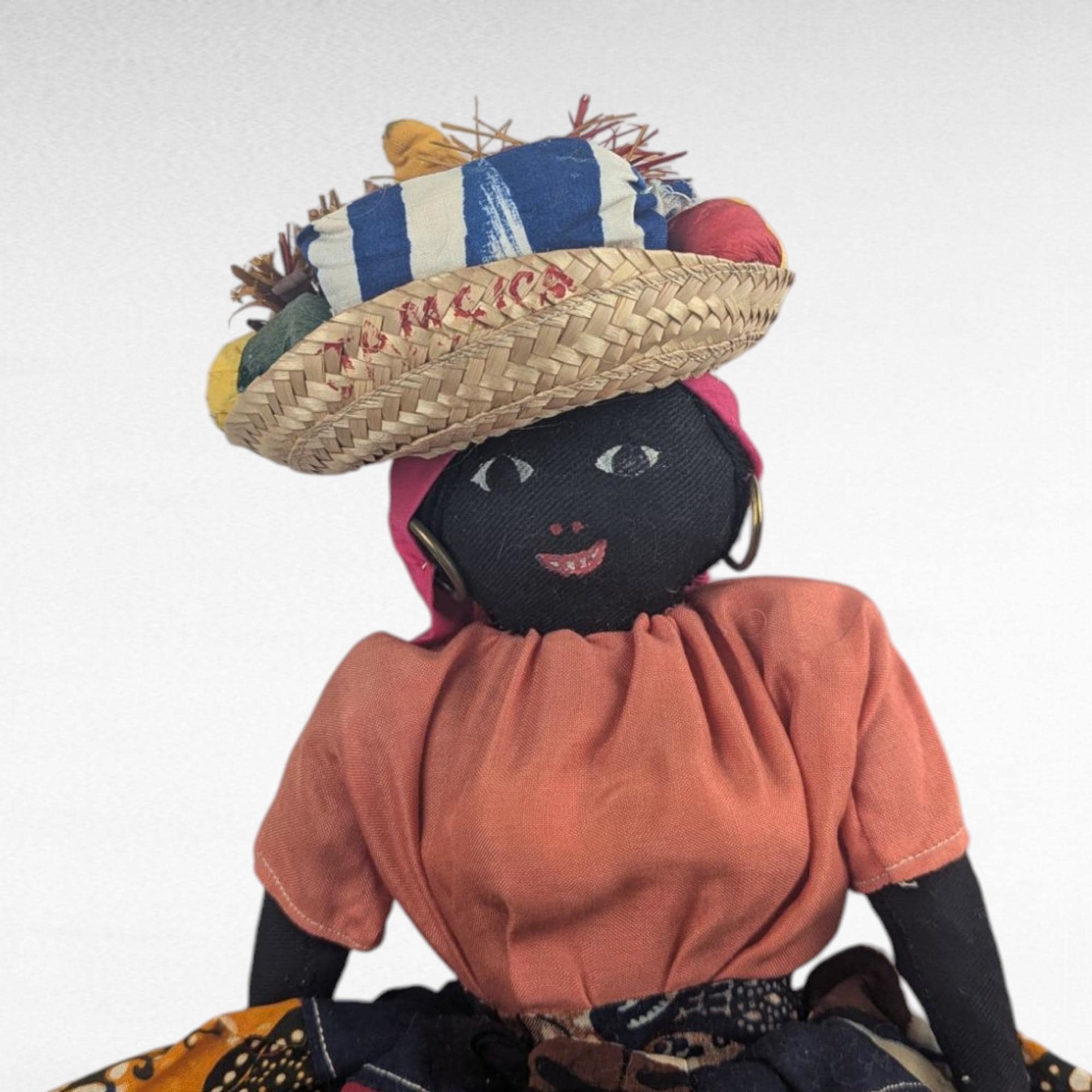 Vintage 17" Jamaican Folk Art Doll with Handcrafted Fabric Dress, Straw Hat, Collectible Caribbean Souvenir, Gift for Doll Collectors