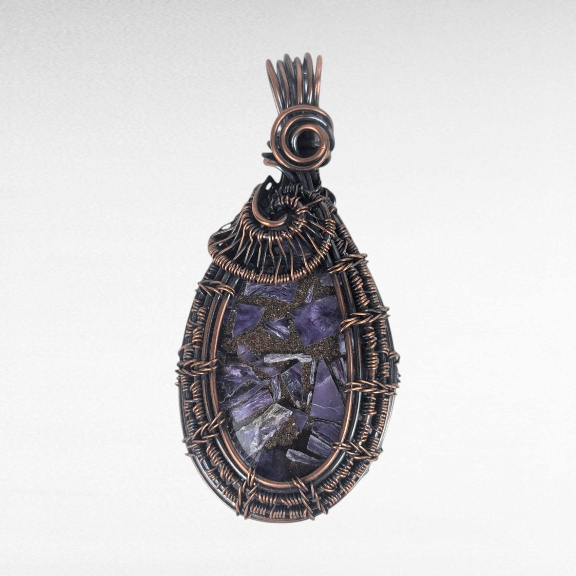 Copper Wire Wrapped Charoite Pendant | Oxidized Copper | Artisan Jewelry | Statement Necklace