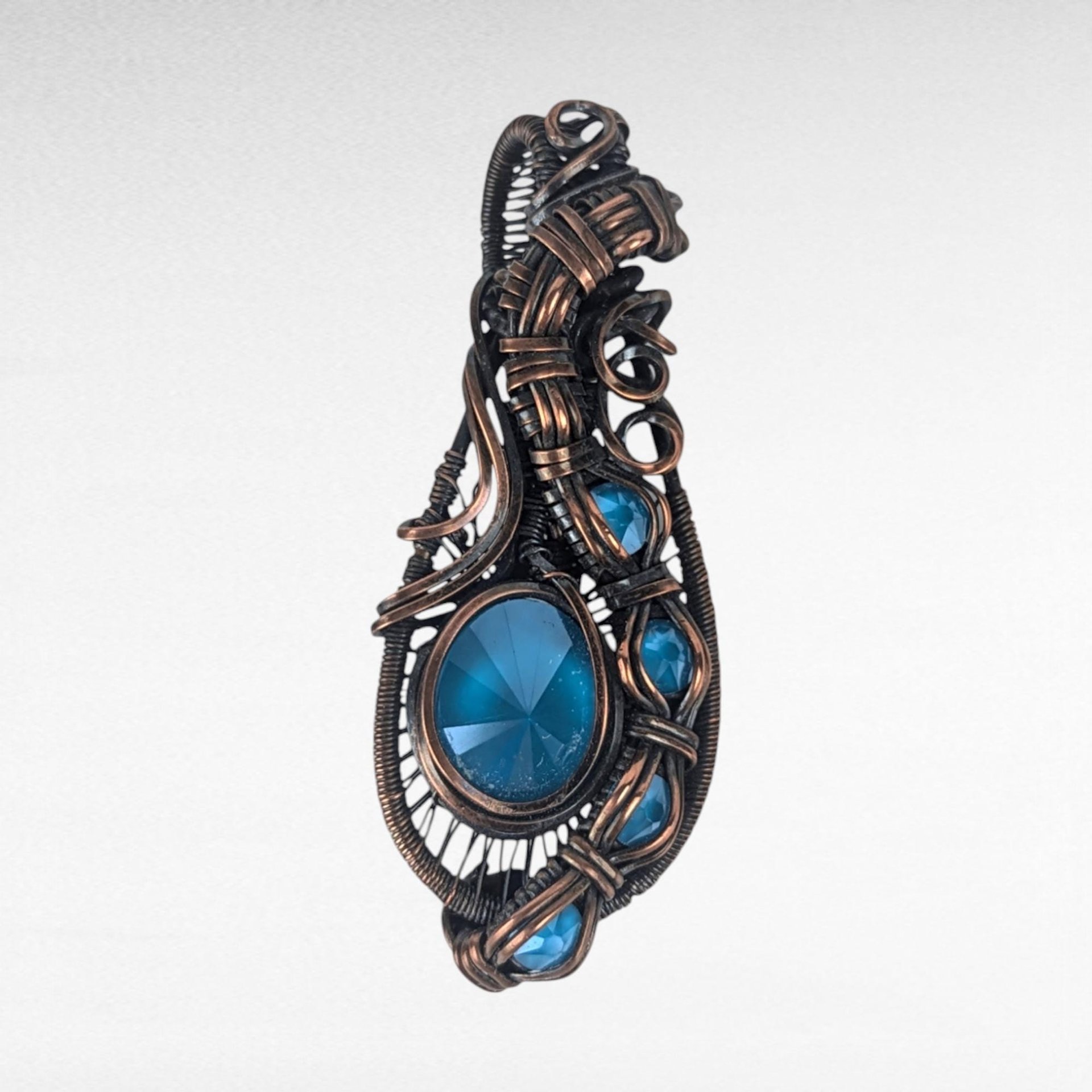 Copper Wire Wrapped Blue Rivoli Pendant | Handmade Crystal Jewelry | 2" Height | Unique Gift | No Chain