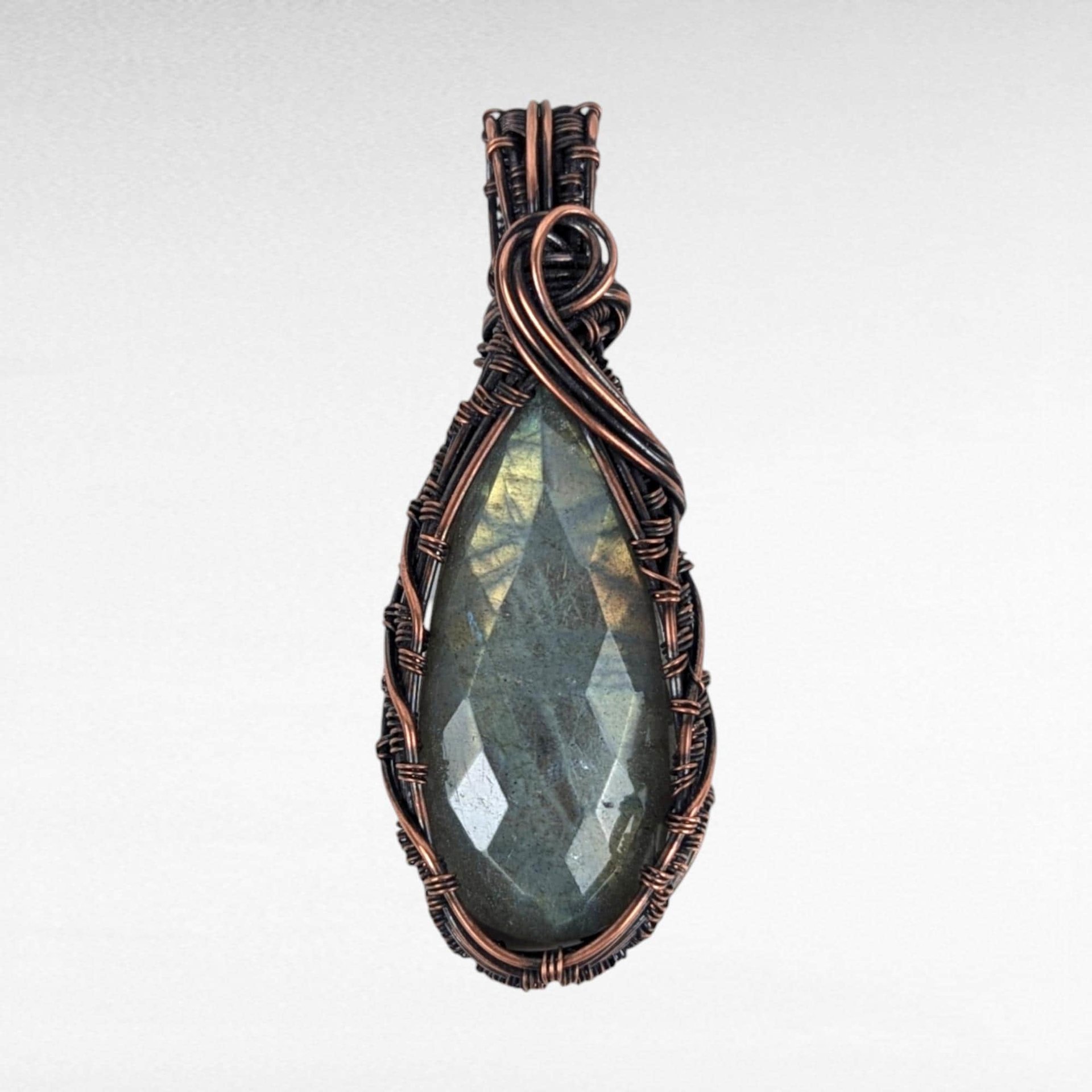 Handmade Copper Wire Wrapped Labradorite Pendant | Checker Cut Gemstone | Unique Gift for Her | Oxidized Copper