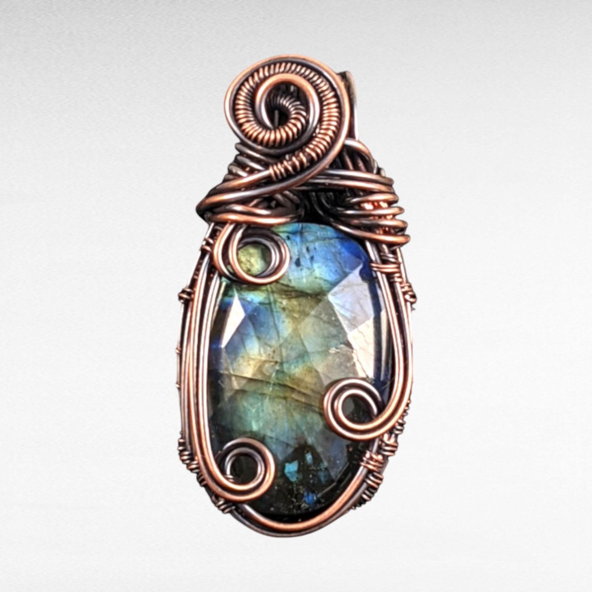 Handmade Copper Wire Wrapped Labradorite Pendant | Checker Cut Gemstone |  Boho Jewelry | Unique Gift for Women |  Antiqued Copper