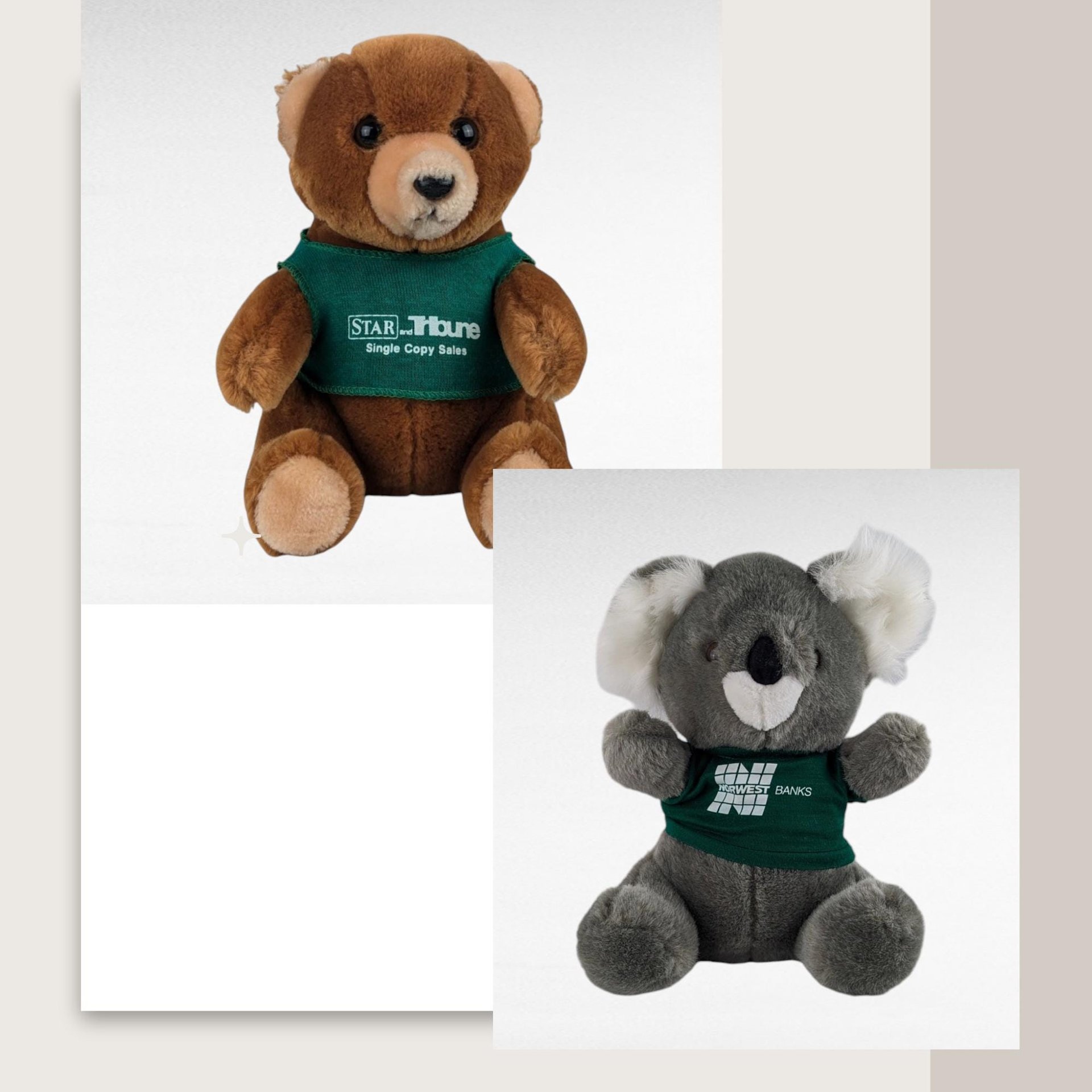 Vintage Advertising Plush Pair: Norwest Bank Koala & 1985 Star Tribune Bear, Collectible Plush Toys, Vintage Advertising, Gift for Collector