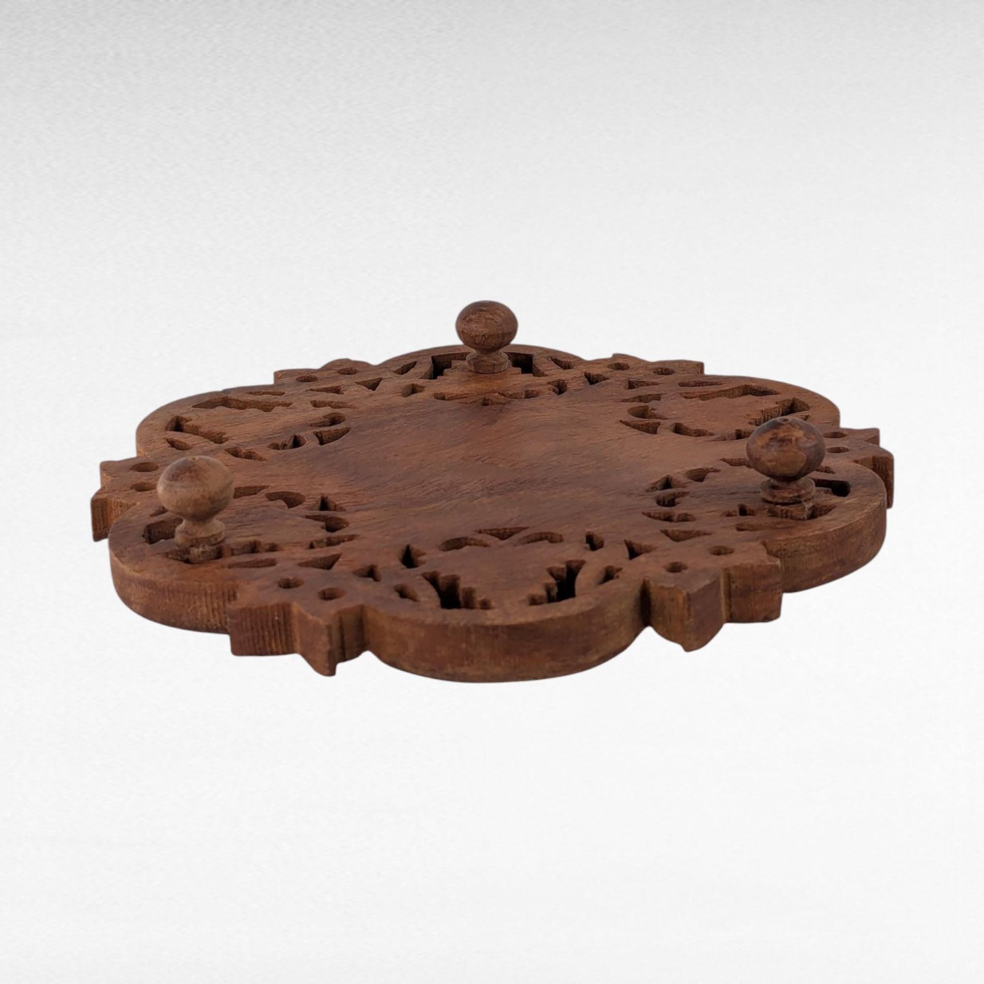 Vintage Indian Wooden Trivet, Carved Floral Design, 8 Inch, Handmade Kitchen Decor, Rustic Table Protector
