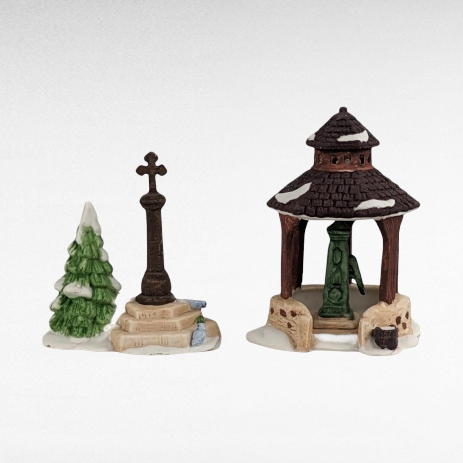 Vintage Dept 56 Village Accessories, Snowman Sign, Well & Cross Set, Hand Painted Porcelain, Christmas Village Decor, Holiday Gift