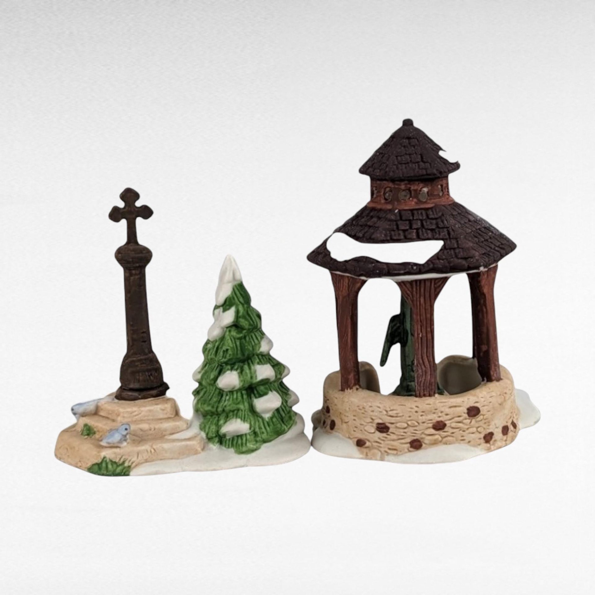 Vintage Dept 56 Village Accessories, Snowman Sign, Well & Cross Set, Hand Painted Porcelain, Christmas Village Decor, Holiday Gift