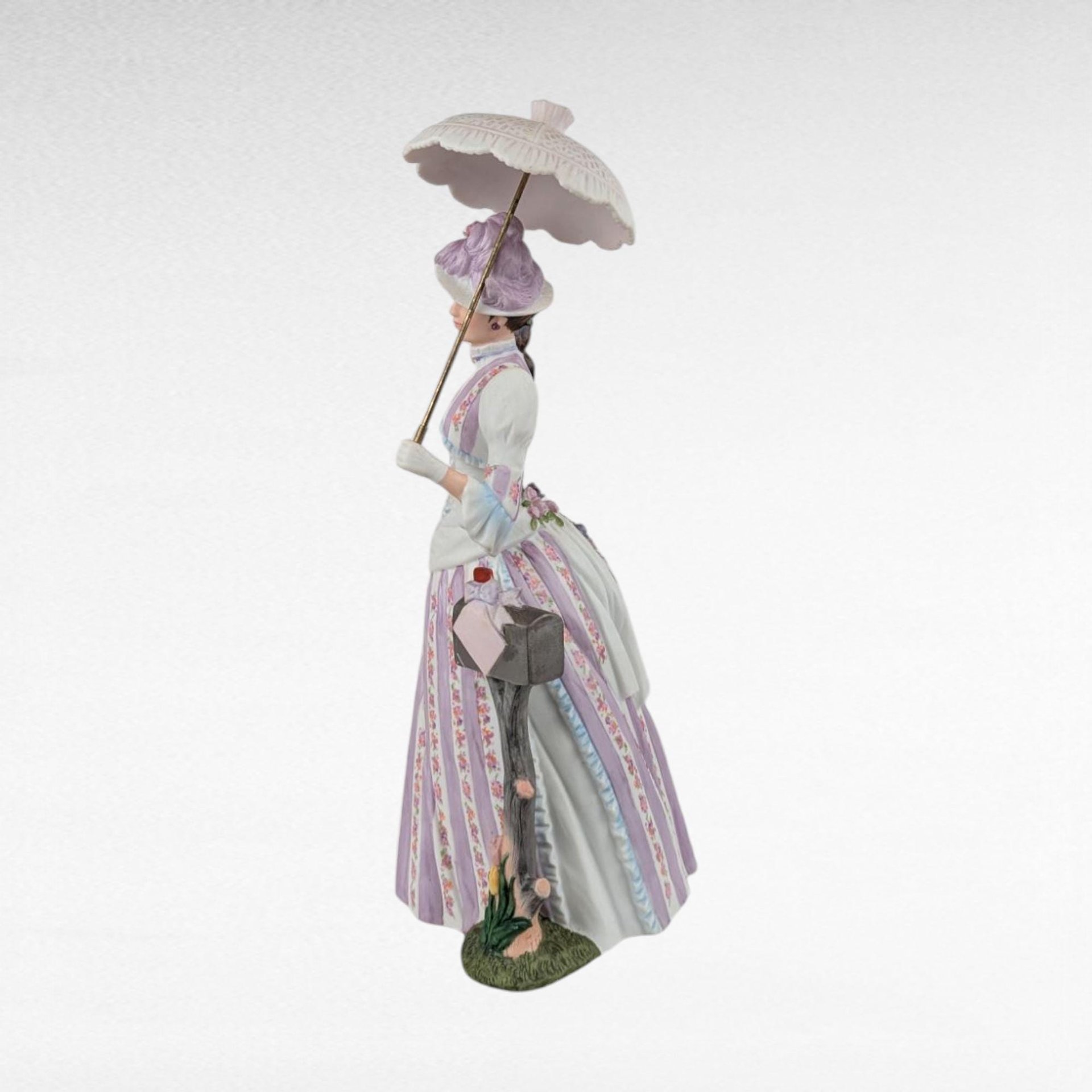 1988 Avon Mrs. Albee Award Figurine, Purple Dress, Parasol, Mailbox, Vintage Avon Collectible, Decorative Figurine, 11" Tall