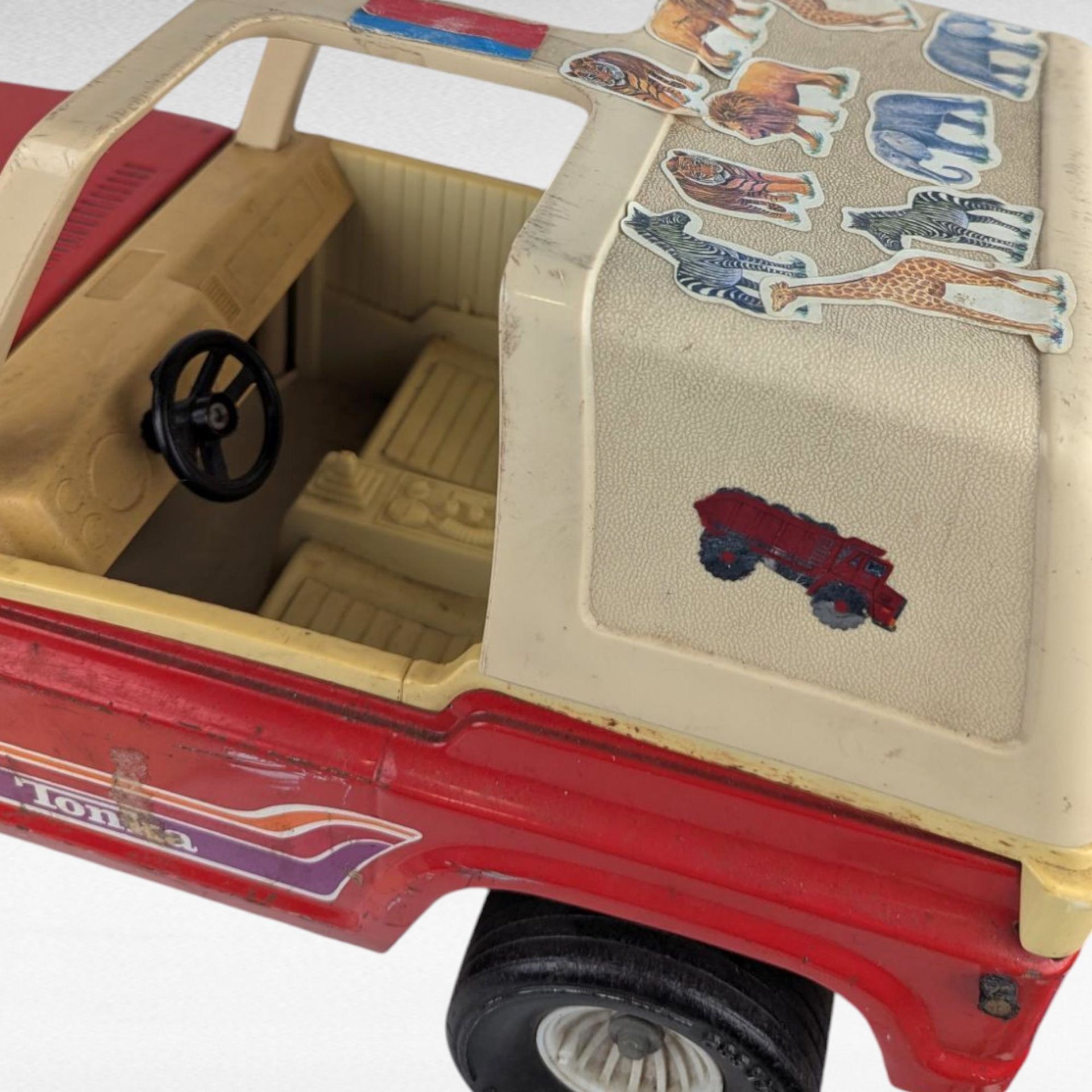 Vintage Red Metal Tonka Mighty Adventure Jeep, 18" Length, Stickers, Collectible Tonka Toy, Gift for Collector