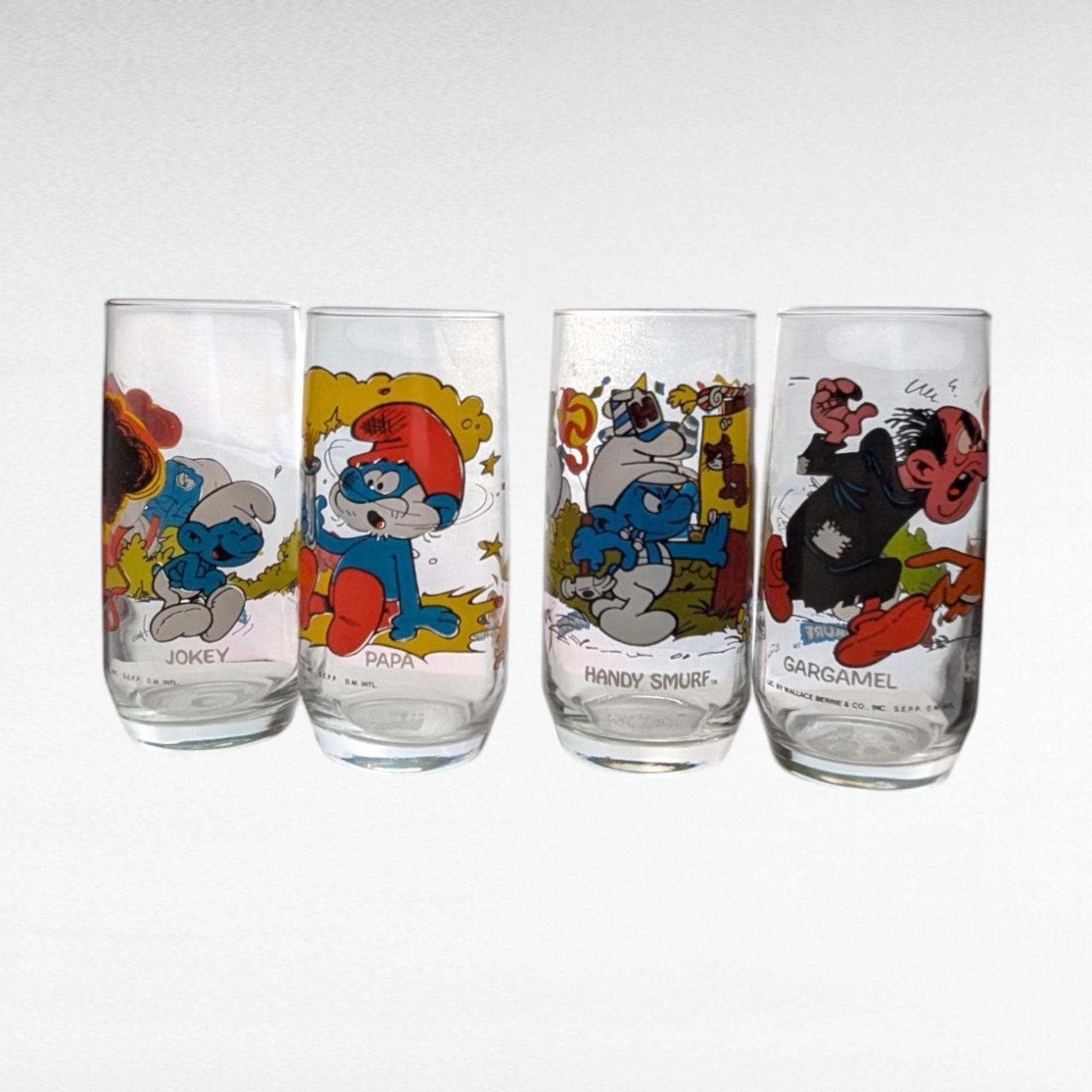 Set of 4 1982 Smurf Tumblers. Glass.