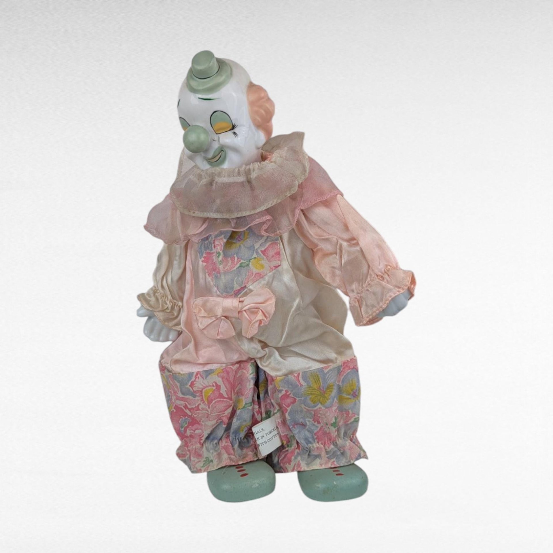 Vintage Wind-Up Musical Clown Doll, 12 Inch Pink Outfit, Collectible Toy, Playful Decor, Nostalgic Gift