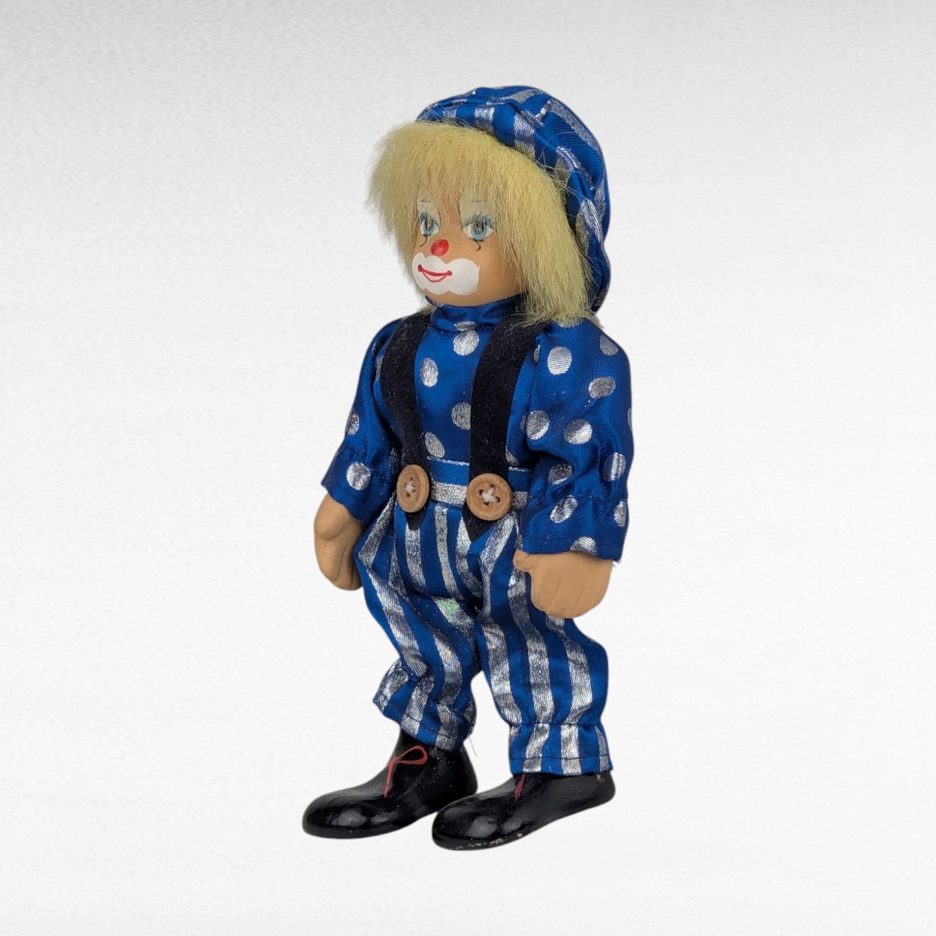 Small Clown Doll, Porcelain Face and Limbs, Blue Polka Dot Outfit, Collectible Display Doll, Whimsical Home Decor, Gift for Clown Lovers
