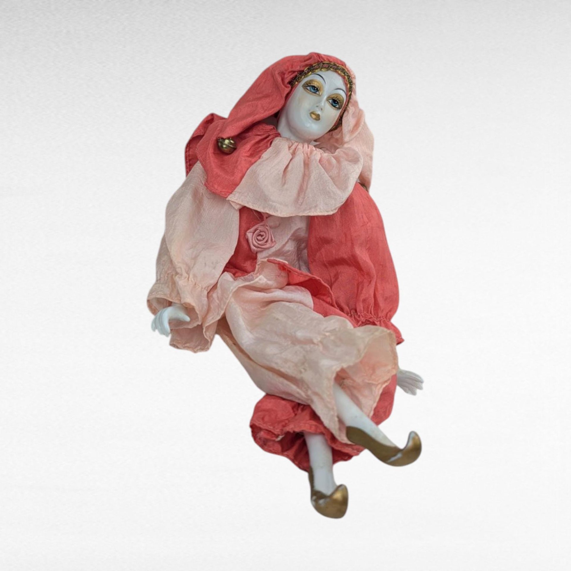 Vintage Posable Jester Doll, 13.5 Inch Porcelain Clown Figure, Display or Gift for Collector, Whimsical Home Decor