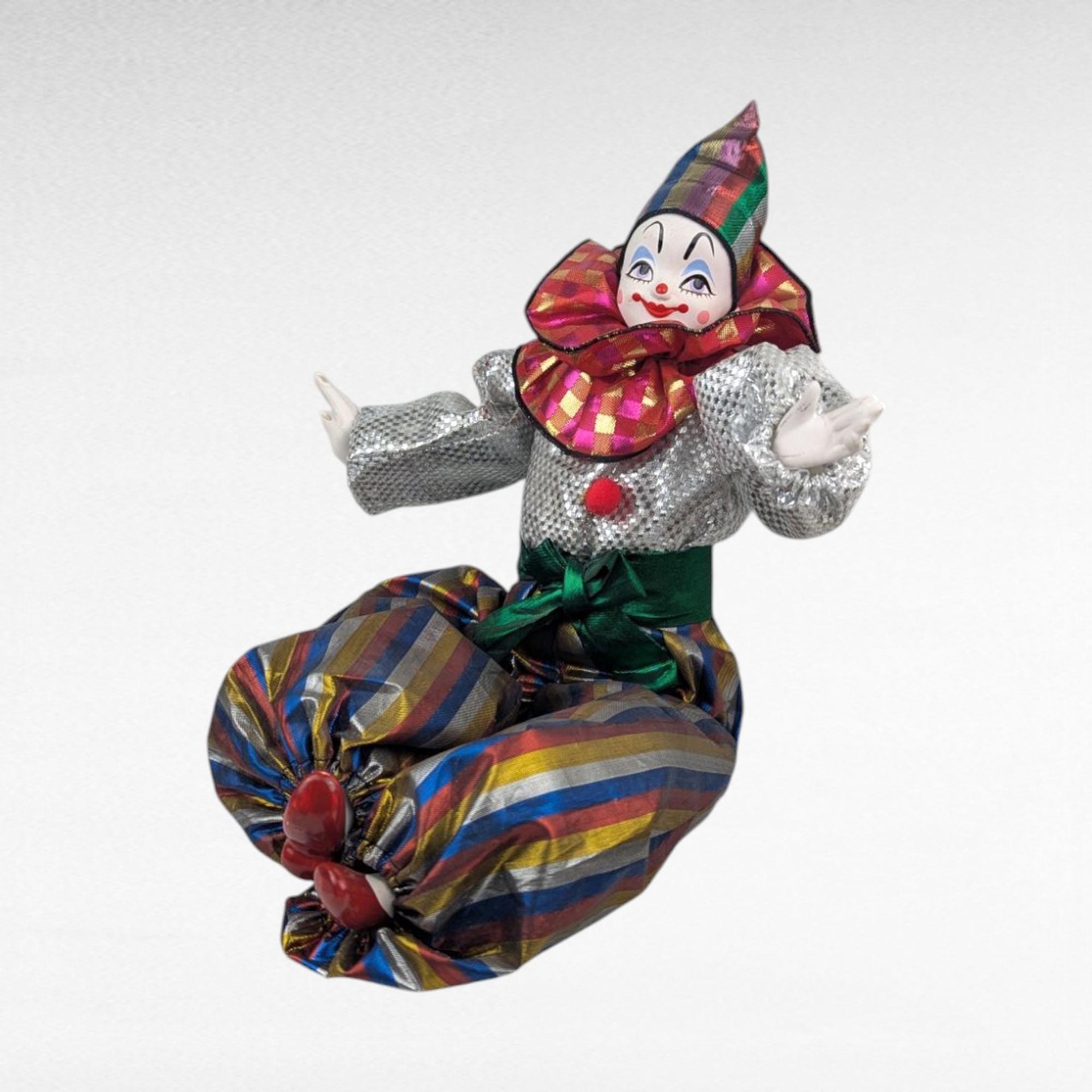Vintage 17" Posable Clown Doll, Porcelain Head Hands Feet, Colorful Costume, Display or Gift