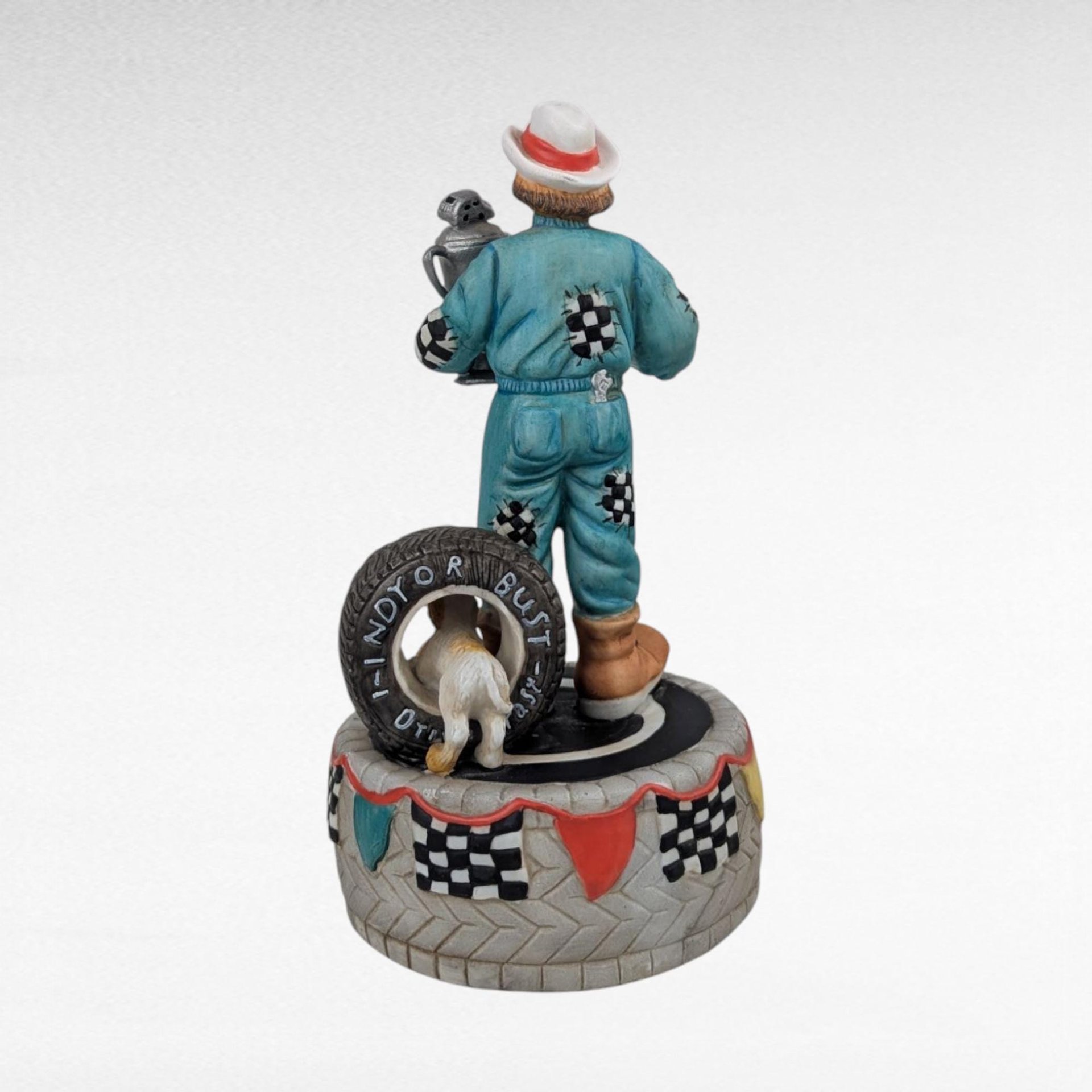 Flambro Emmett Kelley "With a Little Bit of Luck" Music Box, Clown Figurine, Racing Theme, 7 Inches, Collectible Music Box, Working Music