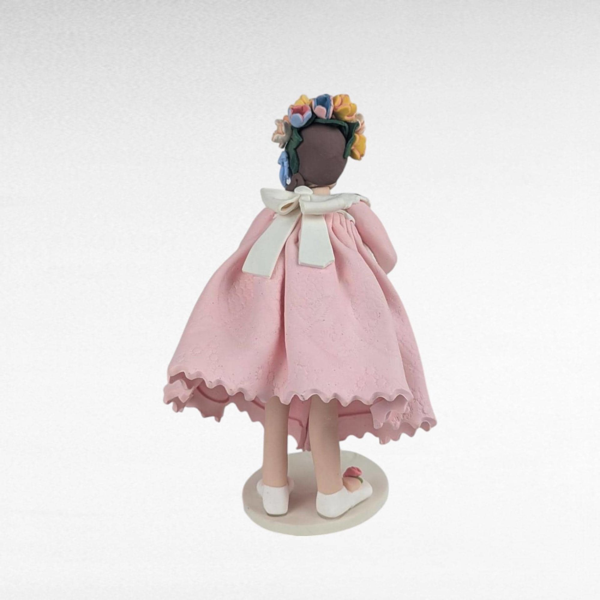 Vintage Handmade Clay Girl with Bunny Figurine, Signed Kathie, Whimsical Folk Art Decor