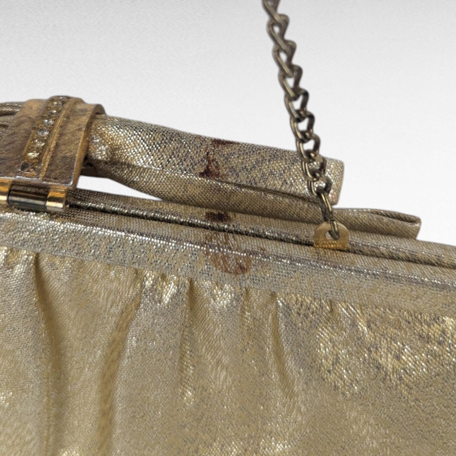 Vintage Gold Handbag, Evening Bag, Clutch Purse, Rhinestone Clasp, Retro Style, Mid-Century Fashion