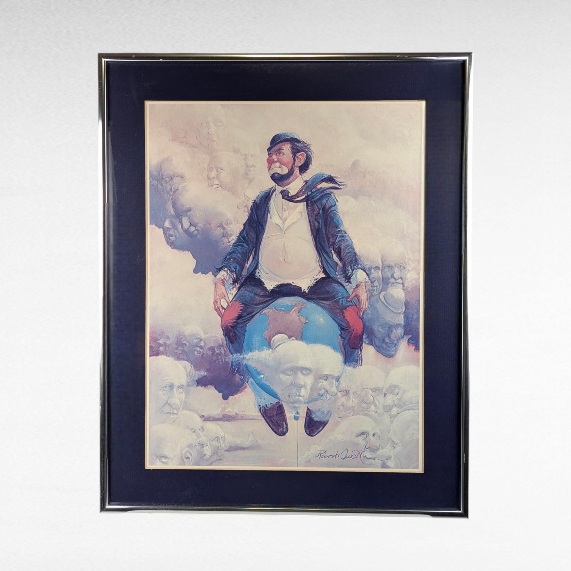 Vintage Robert Owen Clown Print, "Top of the World" Art, Whimsical Wall Decor, Gift for Art Collectors, Framed Clown Artwork