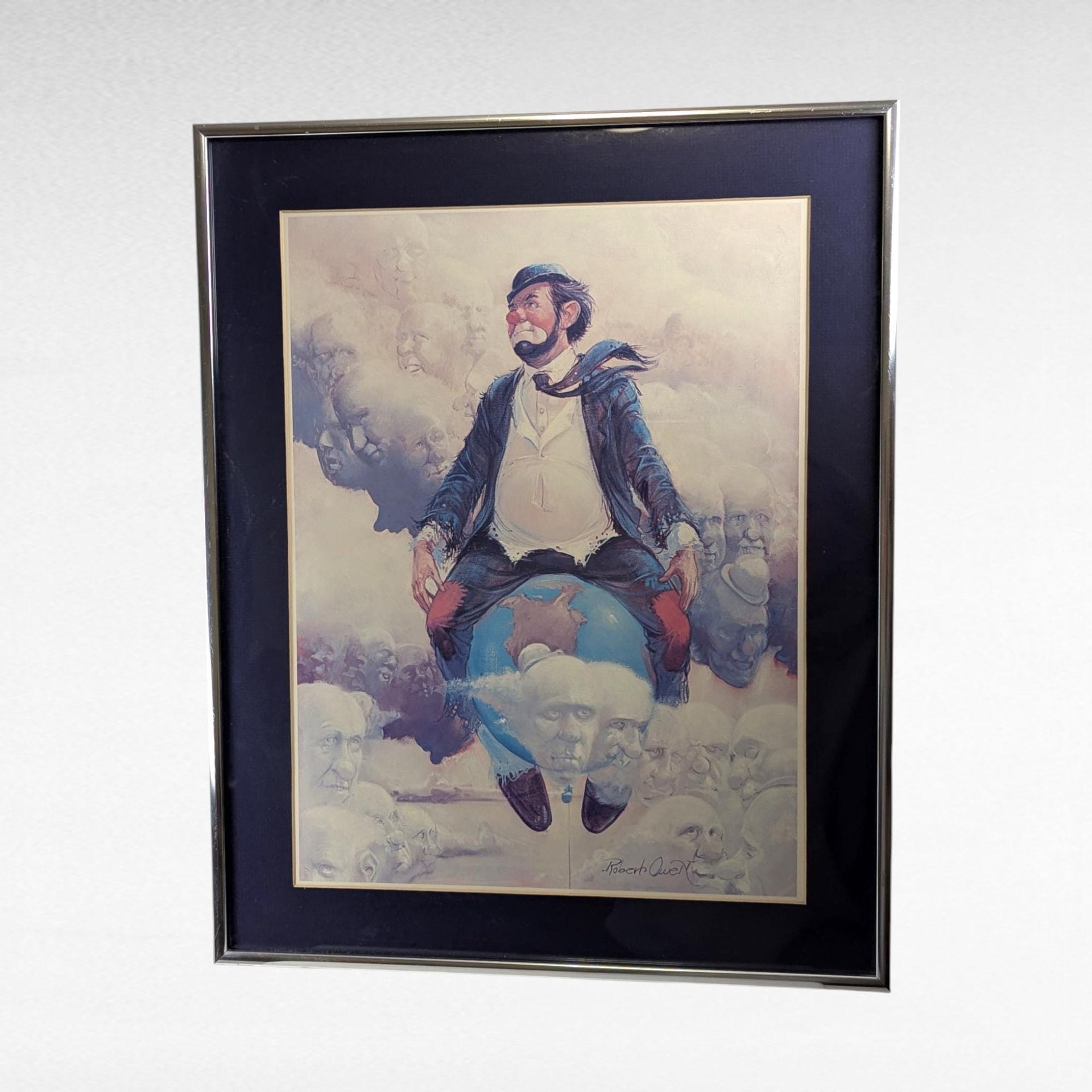Vintage Robert Owen Clown Print, "Top of the World" Art, Whimsical Wall Decor, Gift for Art Collectors, Framed Clown Artwork