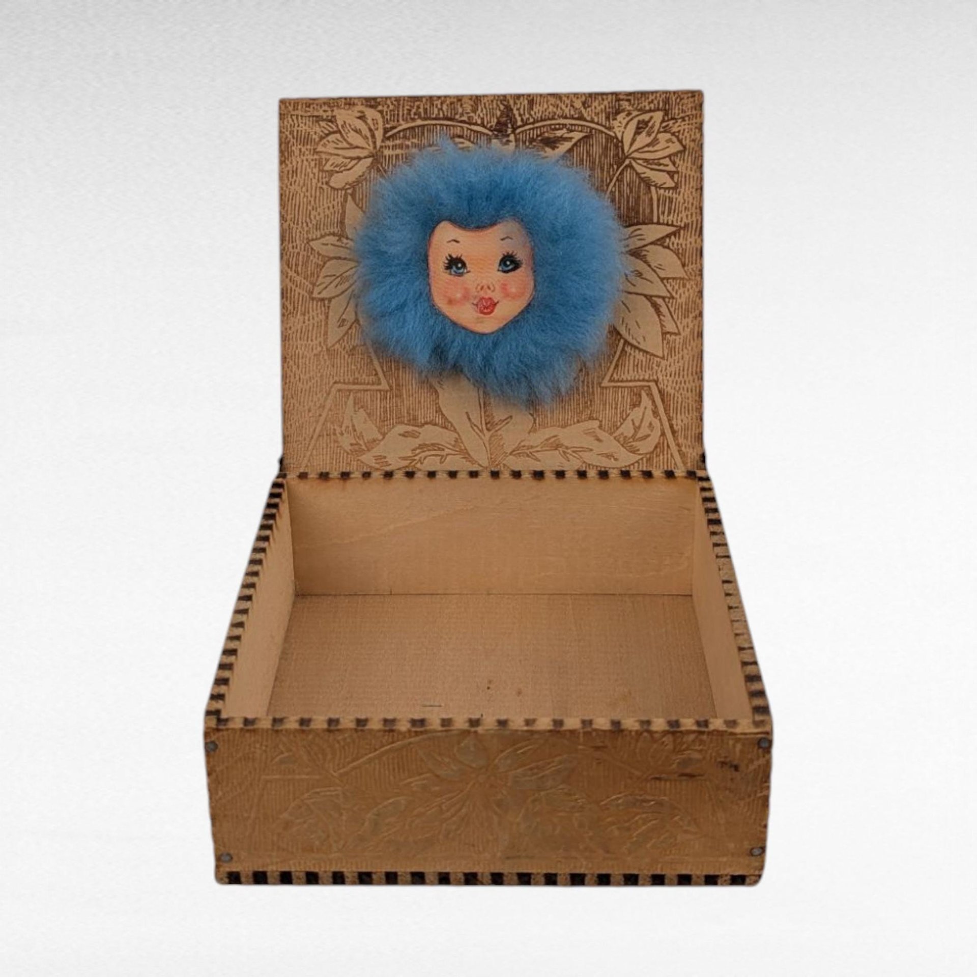 Vintage Pryography Box with Furry Face, Wooden Box, Unique Storage, Handmade Box, Decorative Box, Small Box, Whimsical Decor
