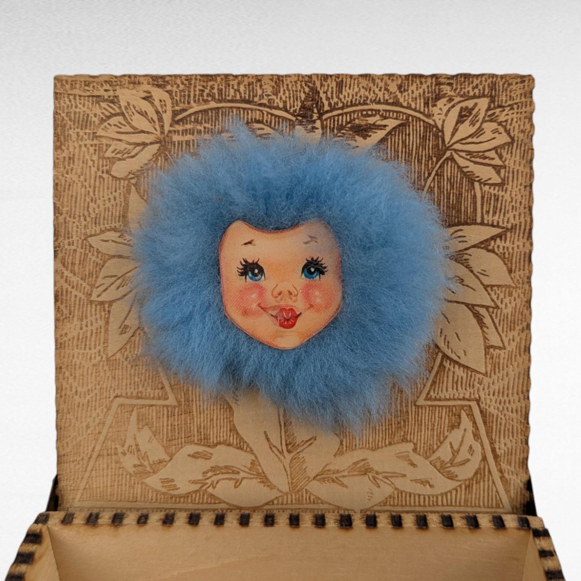 Vintage Pryography Box with Furry Face, Wooden Box, Unique Storage, Handmade Box, Decorative Box, Small Box, Whimsical Decor