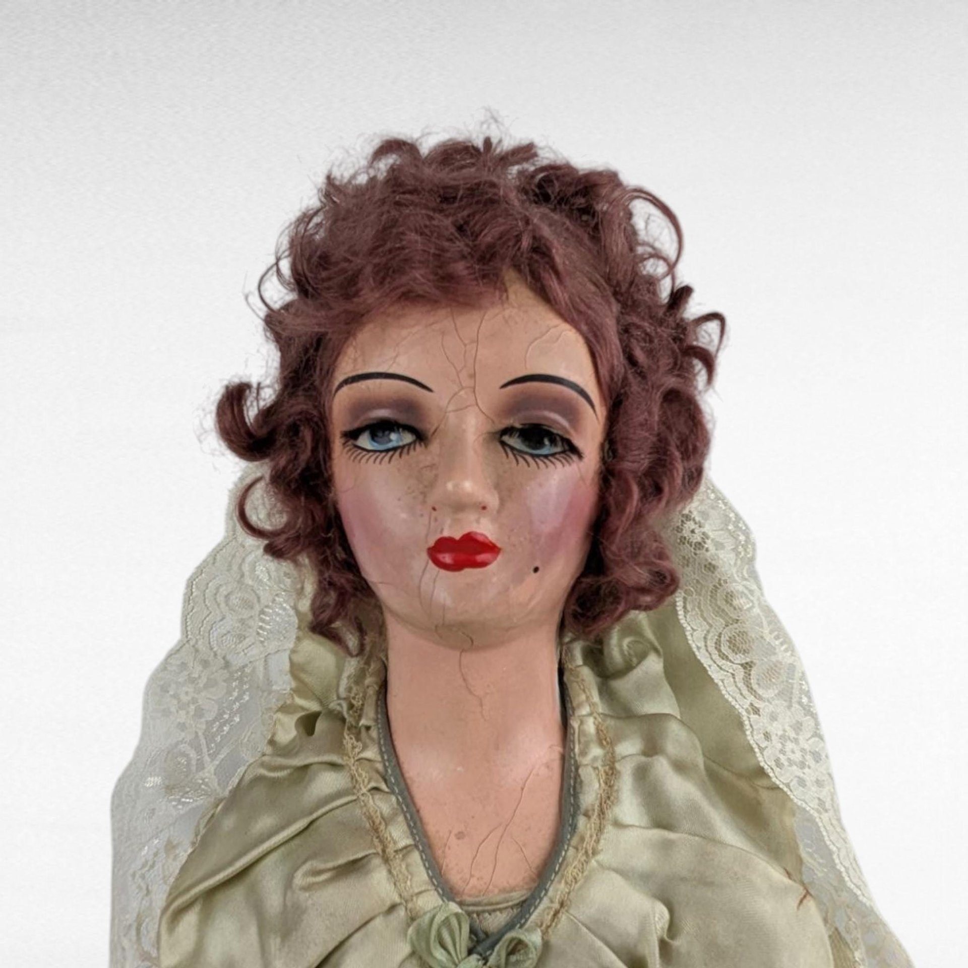 Antique Bed Doll - 27" Boudoir Doll in Light Green Dress - Vintage Doll with Character - Shabby Chic Decor -  Collector's Item