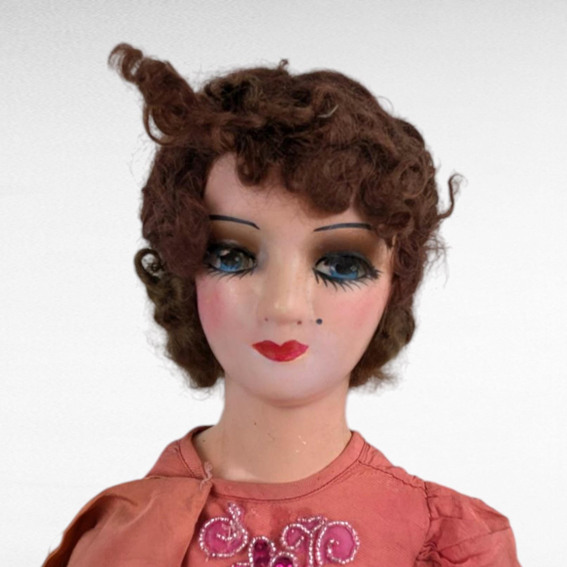 Antique Boudoir Bed Doll - 30" Tall with Orange Dress - Doll with Character - Shabby Chic Decor - Collector's Item