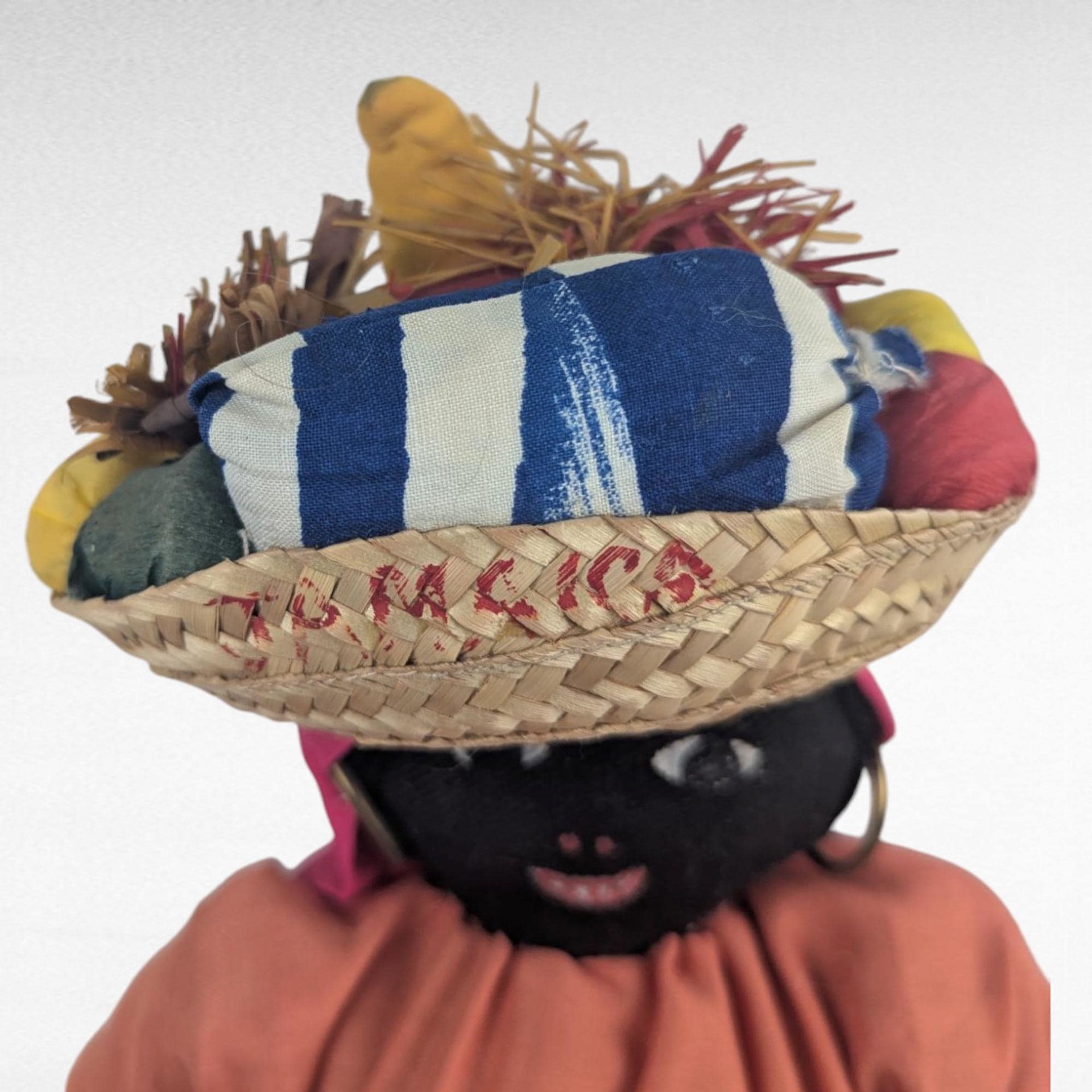 Vintage 17" Jamaican Folk Art Doll with Handcrafted Fabric Dress, Straw Hat, Collectible Caribbean Souvenir, Gift for Doll Collectors