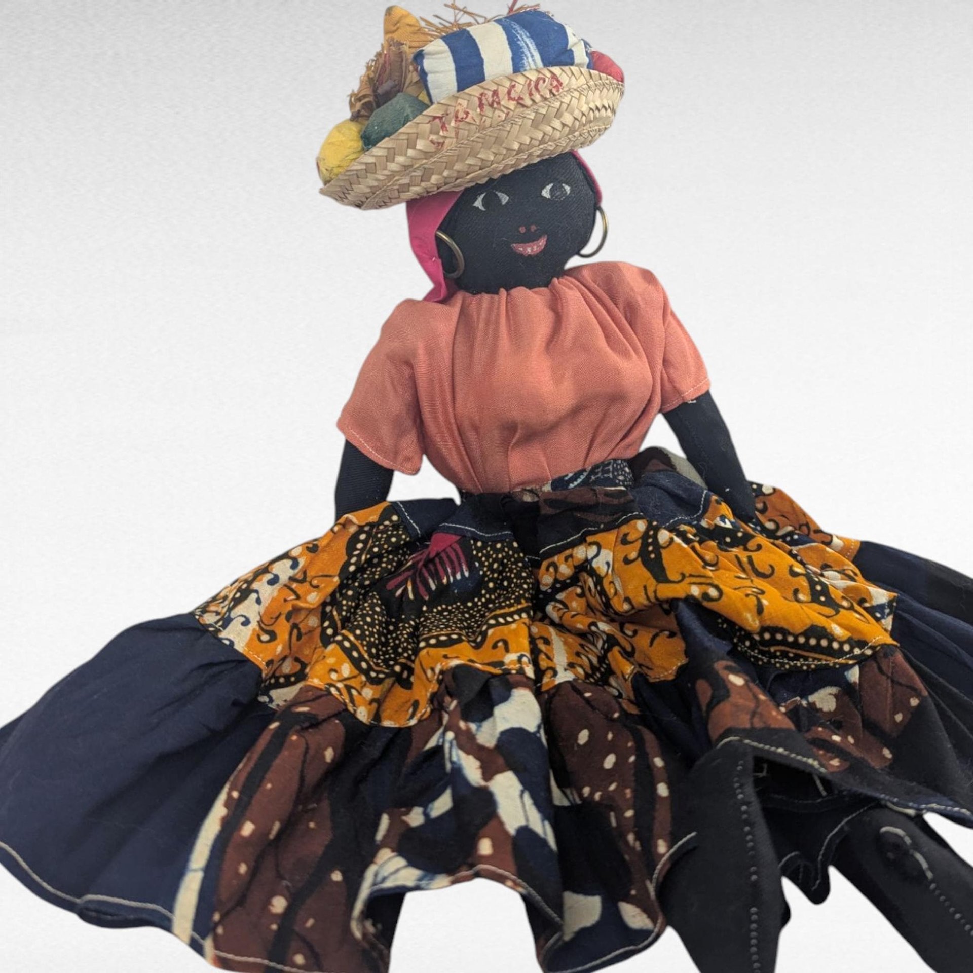 Vintage 17" Jamaican Folk Art Doll with Handcrafted Fabric Dress, Straw Hat, Collectible Caribbean Souvenir, Gift for Doll Collectors