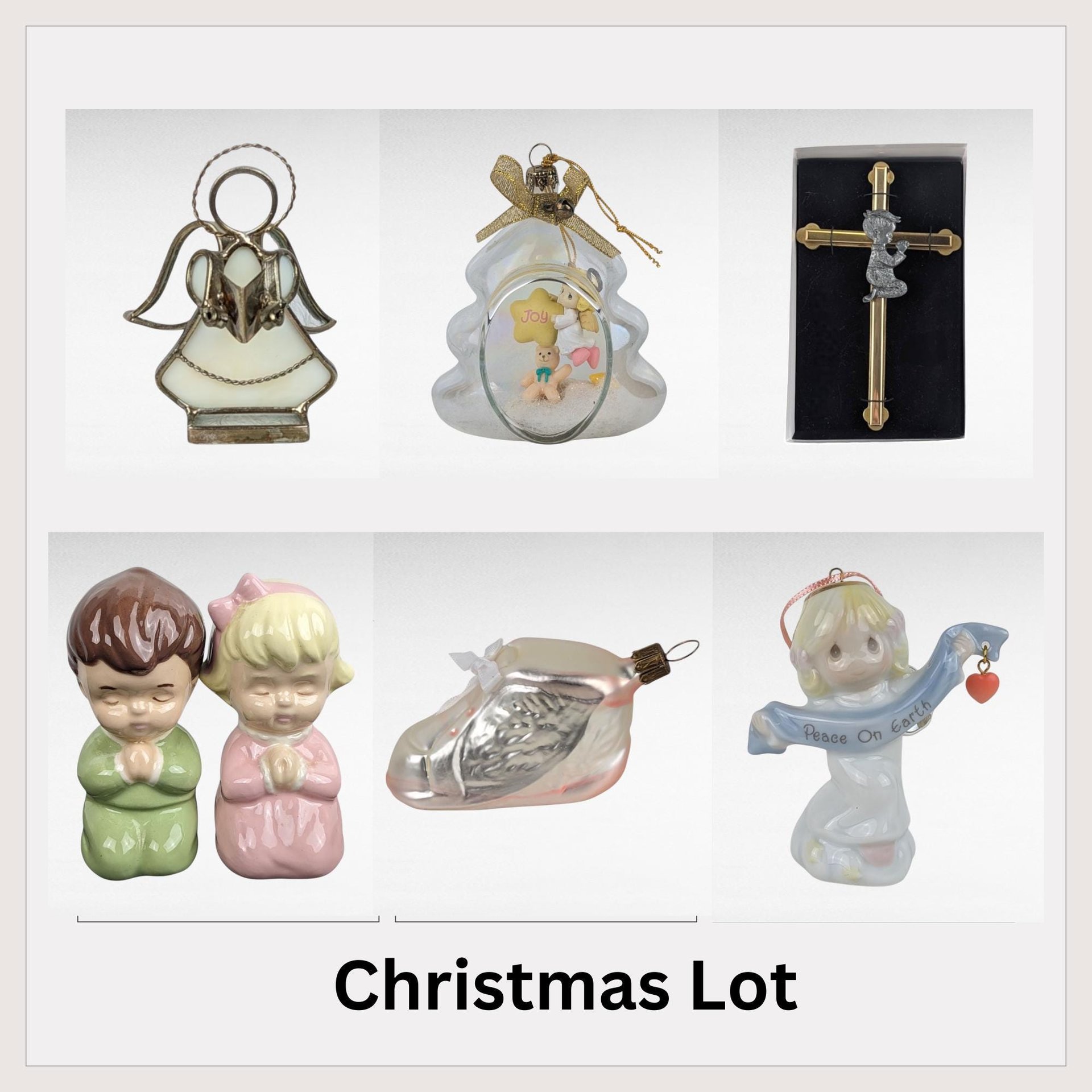 Vintage Mostly Religious Christmas Ornament Lot - Precious Moments, Stained Glass Angel, Praying Kids, German Shoe - Unique Holiday Decor
