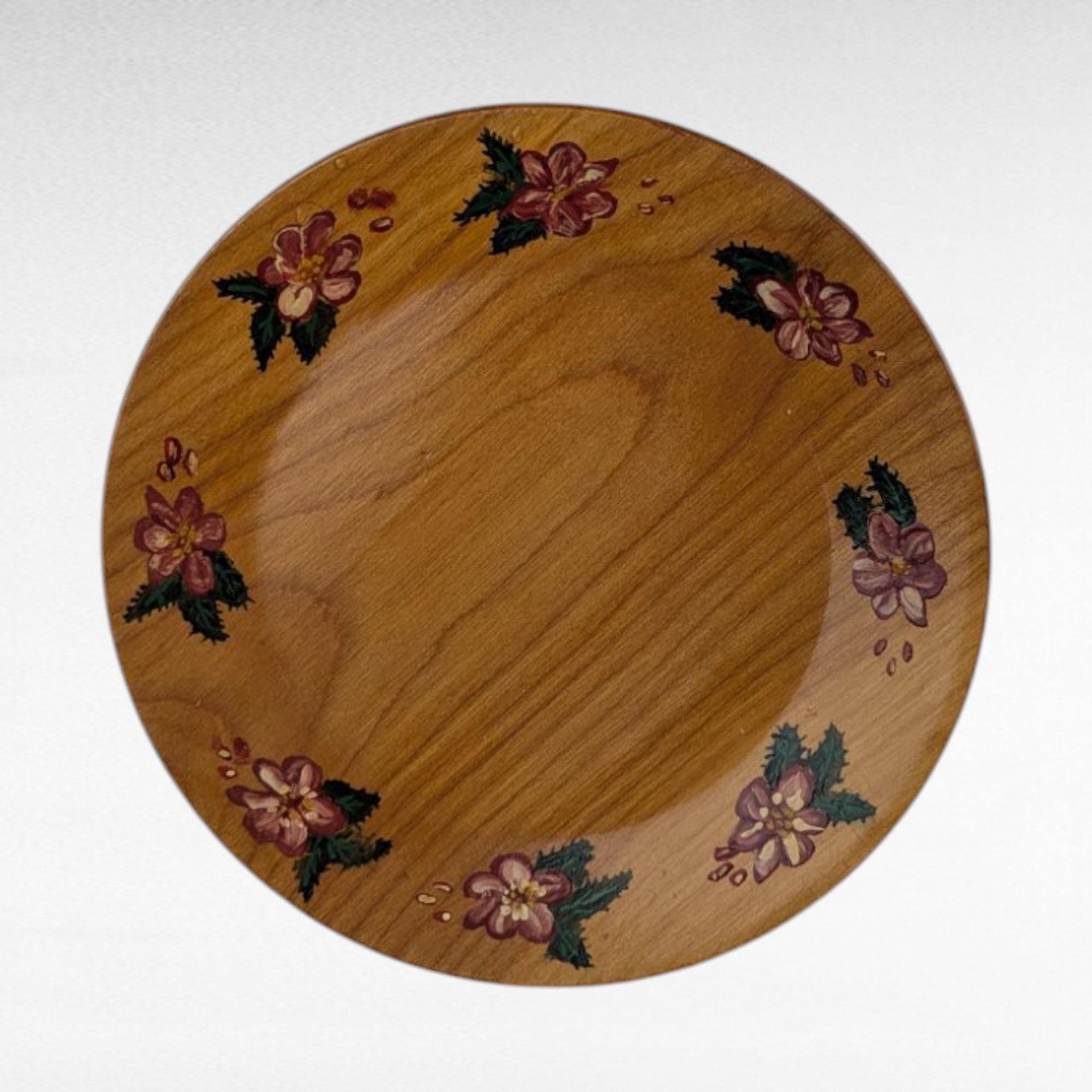 Pair of Vintage Handpainted Wooden Plates, Floral Design, Signed Wall Decor, Rustic Kitchen Display