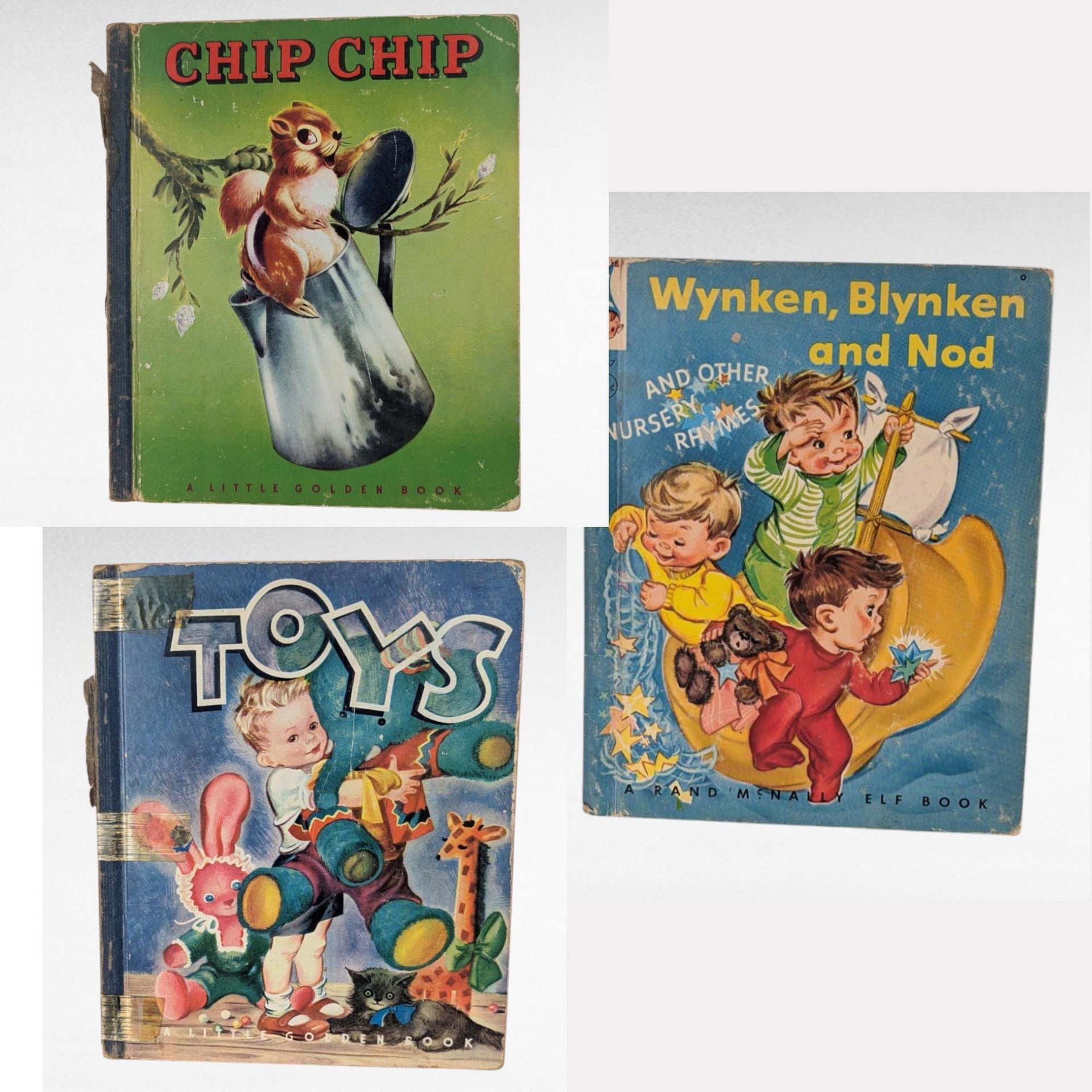 Set of 3 Vintage 1940s Children's Books, Toys, Chip Chip, Wynken Blynken and Nod, Illustrated Hardcovers, Classic Kids Reads