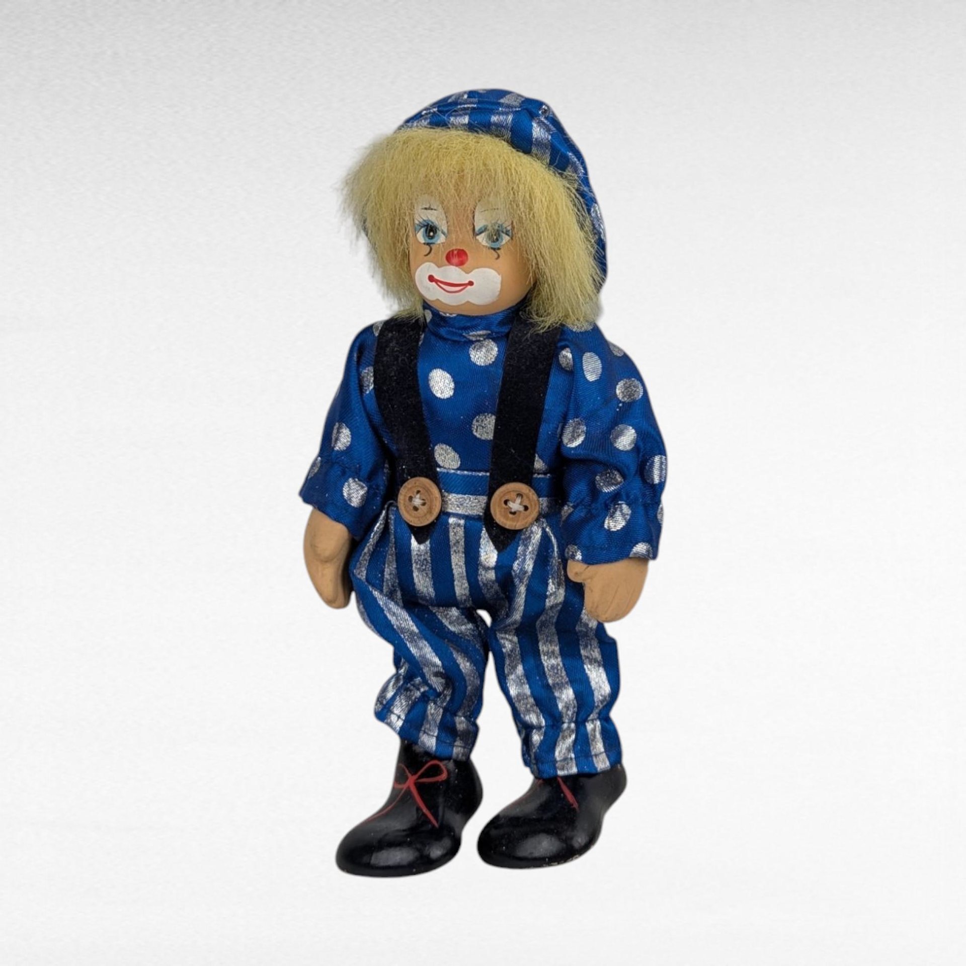 Small Clown Doll, Porcelain Face and Limbs, Blue Polka Dot Outfit, Collectible Display Doll, Whimsical Home Decor, Gift for Clown Lovers