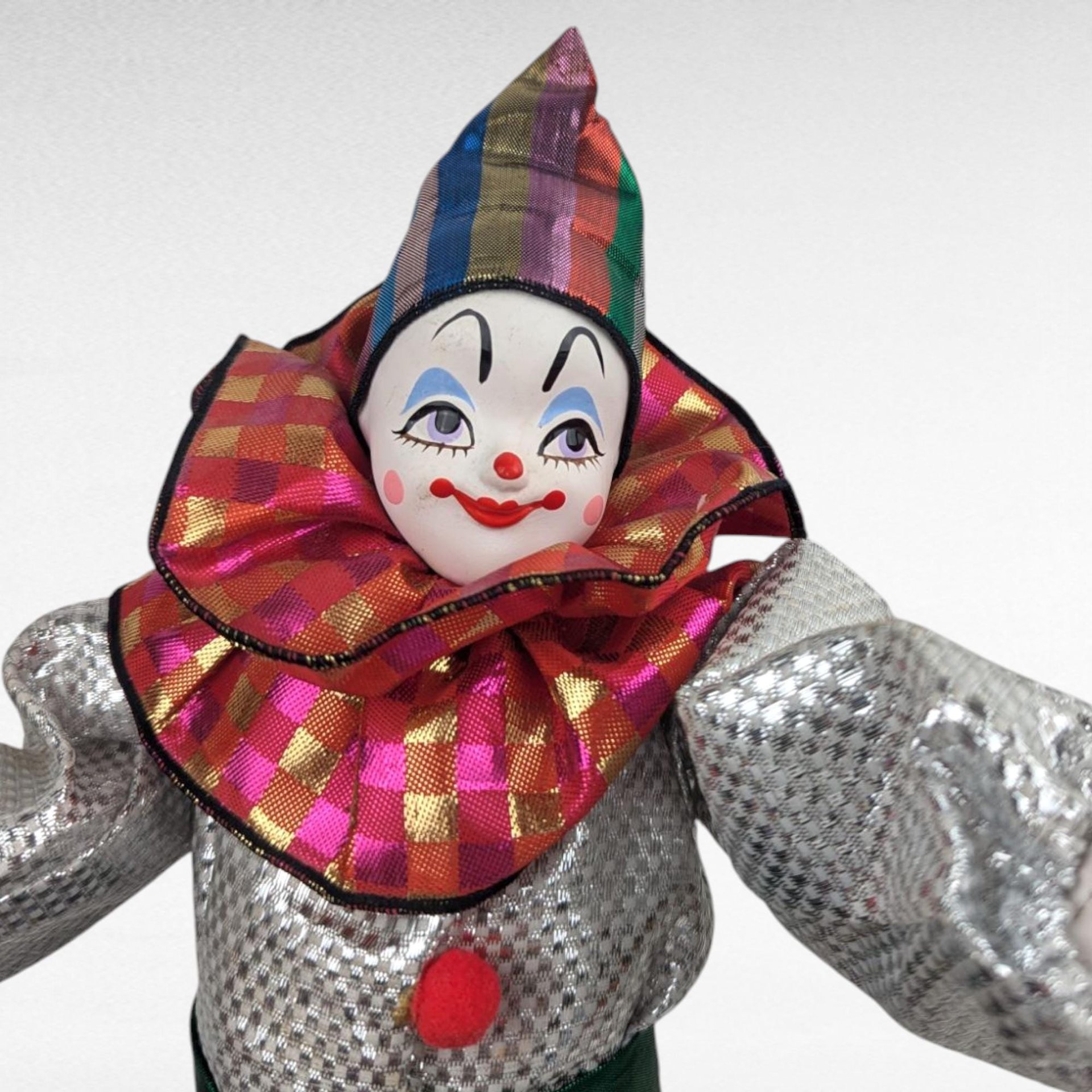 Vintage 17" Posable Clown Doll, Porcelain Head Hands Feet, Colorful Costume, Display or Gift
