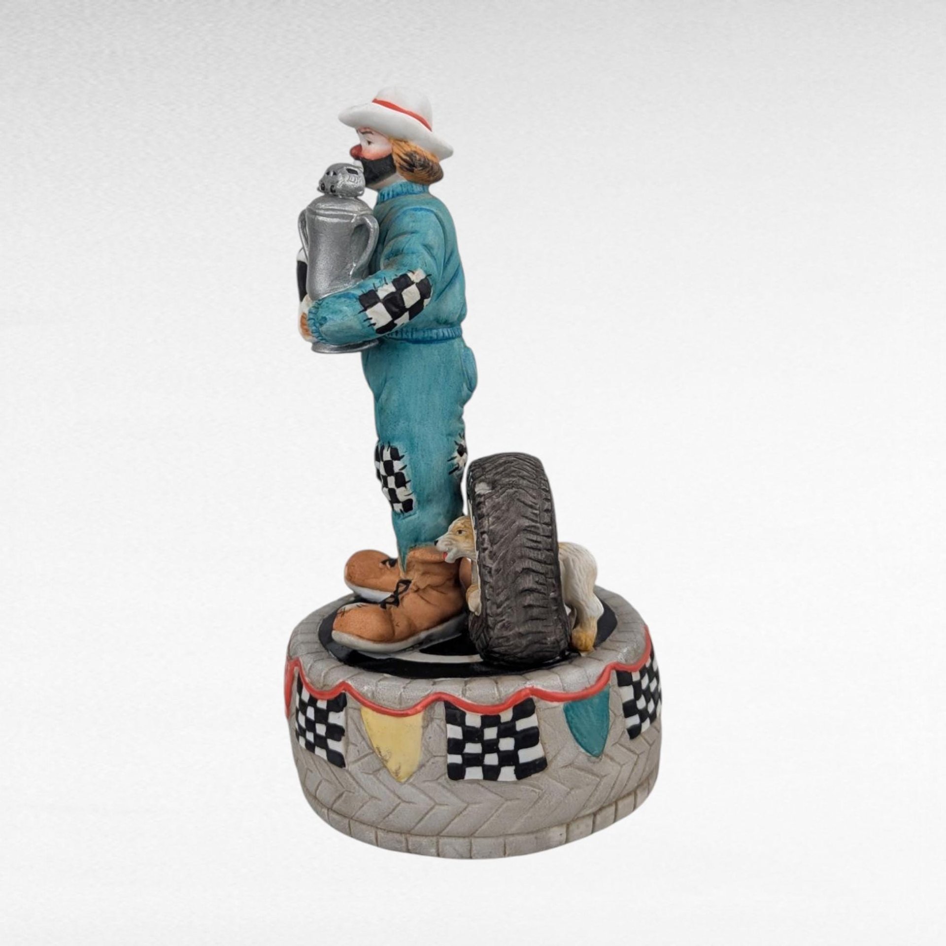 Flambro Emmett Kelley "With a Little Bit of Luck" Music Box, Clown Figurine, Racing Theme, 7 Inches, Collectible Music Box, Working Music