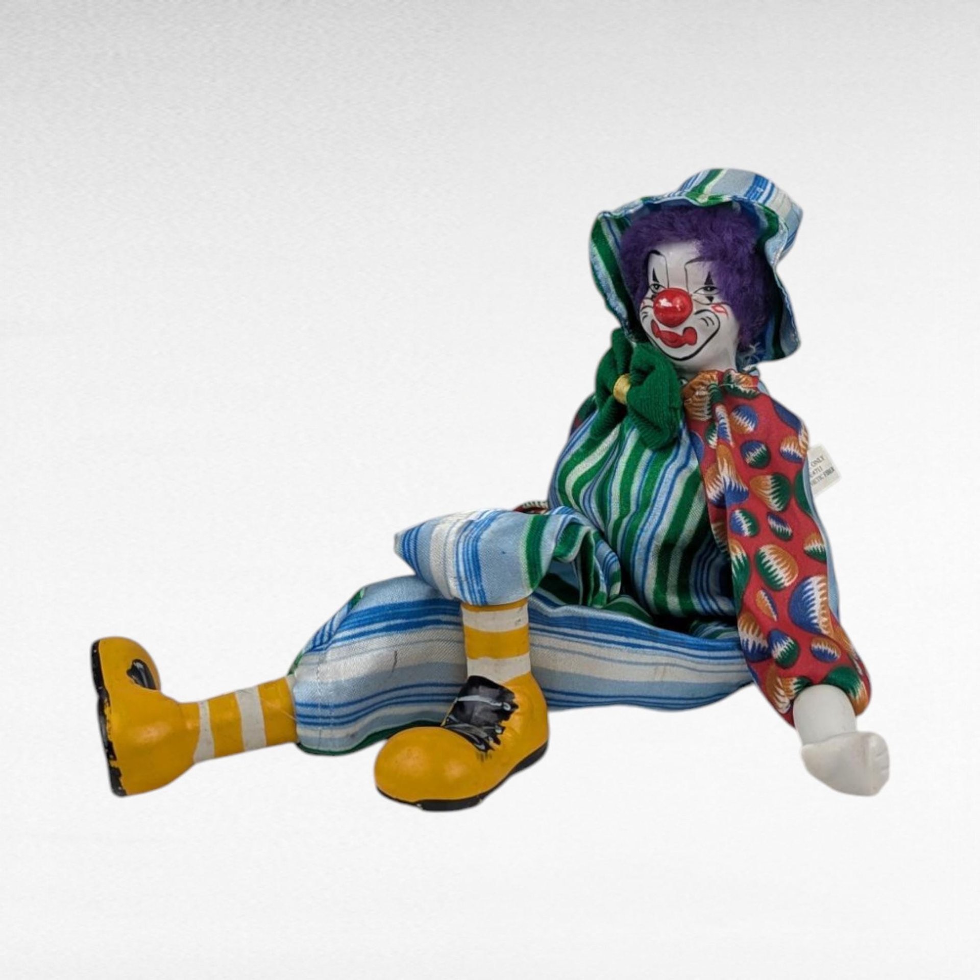 Vintage Ganz Shelf Sitter Clown, Porcelain, Fabric Costume, 14 Inches, Collectible Clown Doll, Display Doll