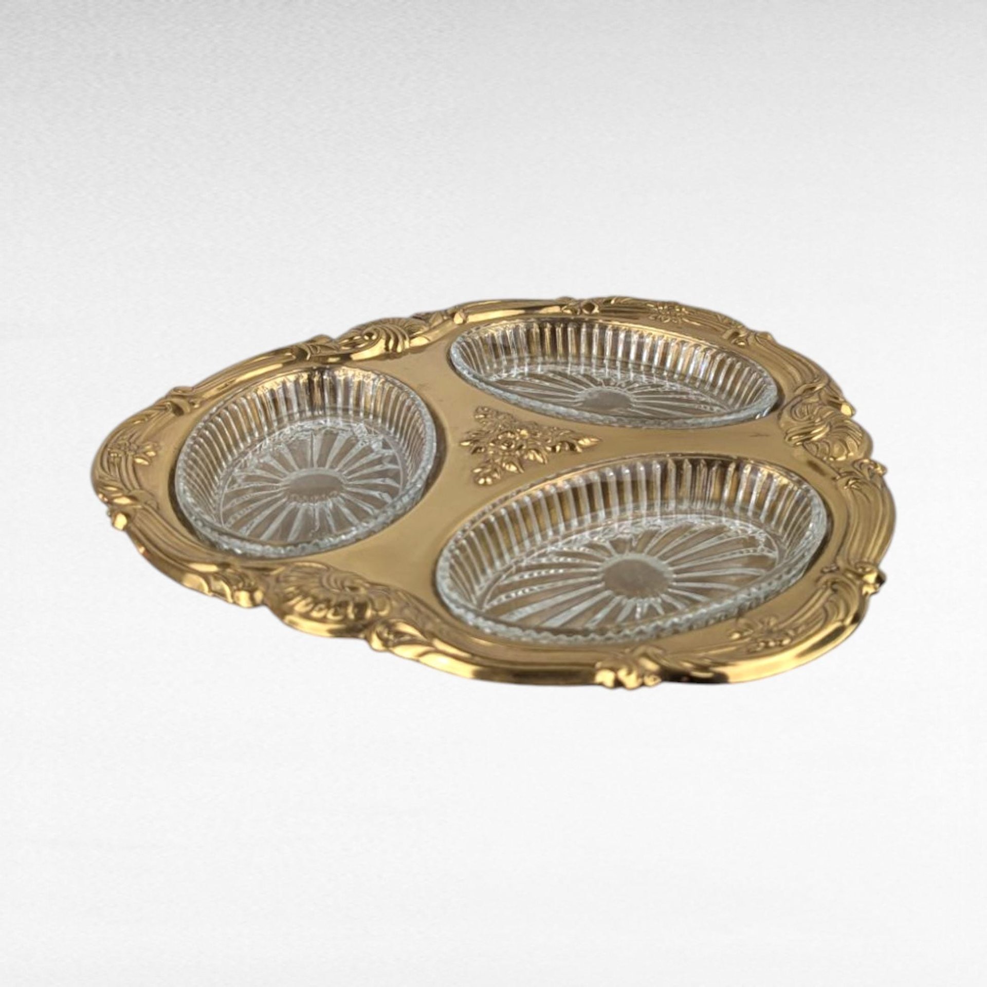 Vintage Copper Craft Serving Tray with Three Glass Dishes, Ornate Party Platter, Decorative Appetizer Server