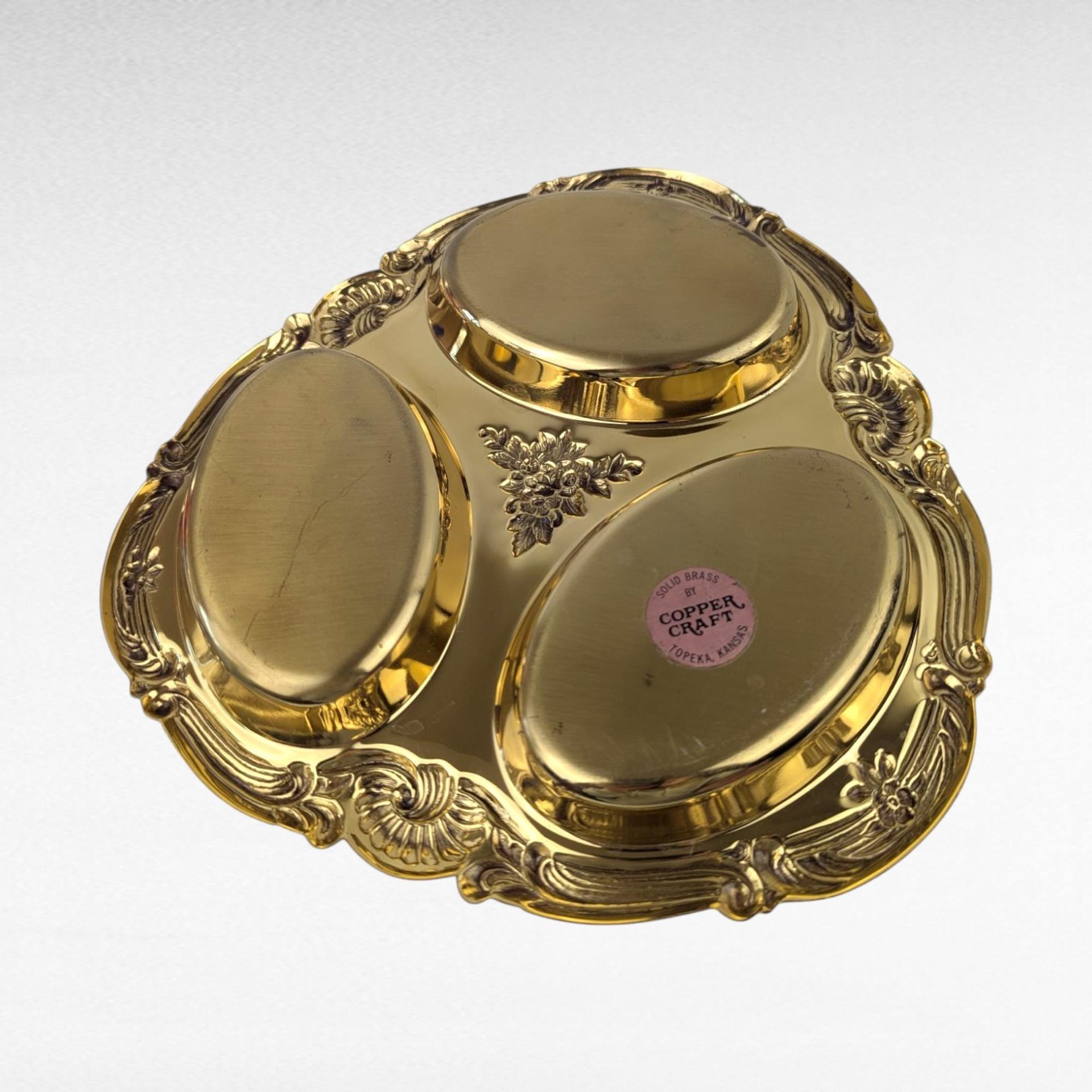 Vintage Copper Craft Serving Tray with Three Glass Dishes, Ornate Party Platter, Decorative Appetizer Server