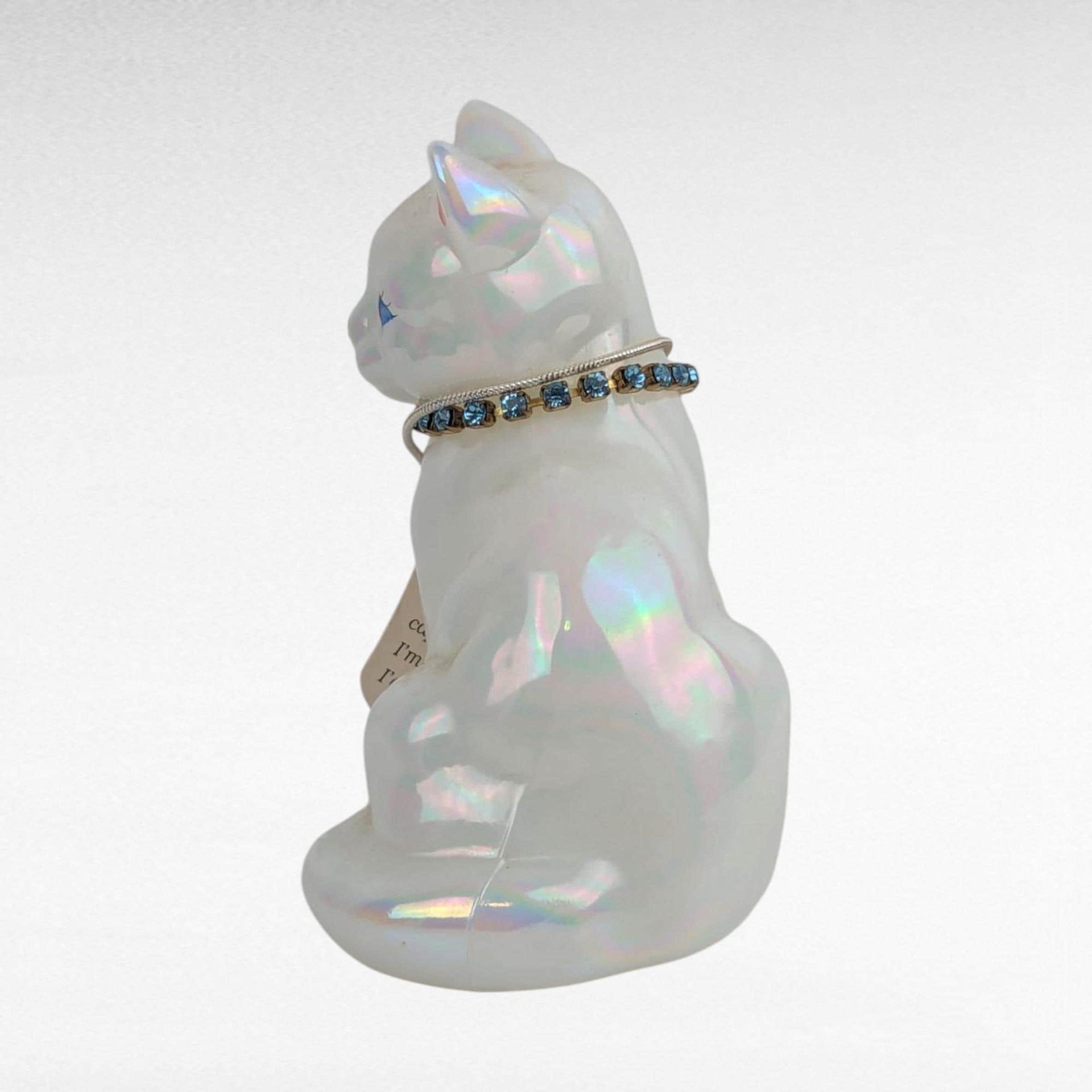 Vintage Signed Fenton December Opalecent Cat Figurine Blue Zircon Collar Collectible Glass Animal Lover Gift